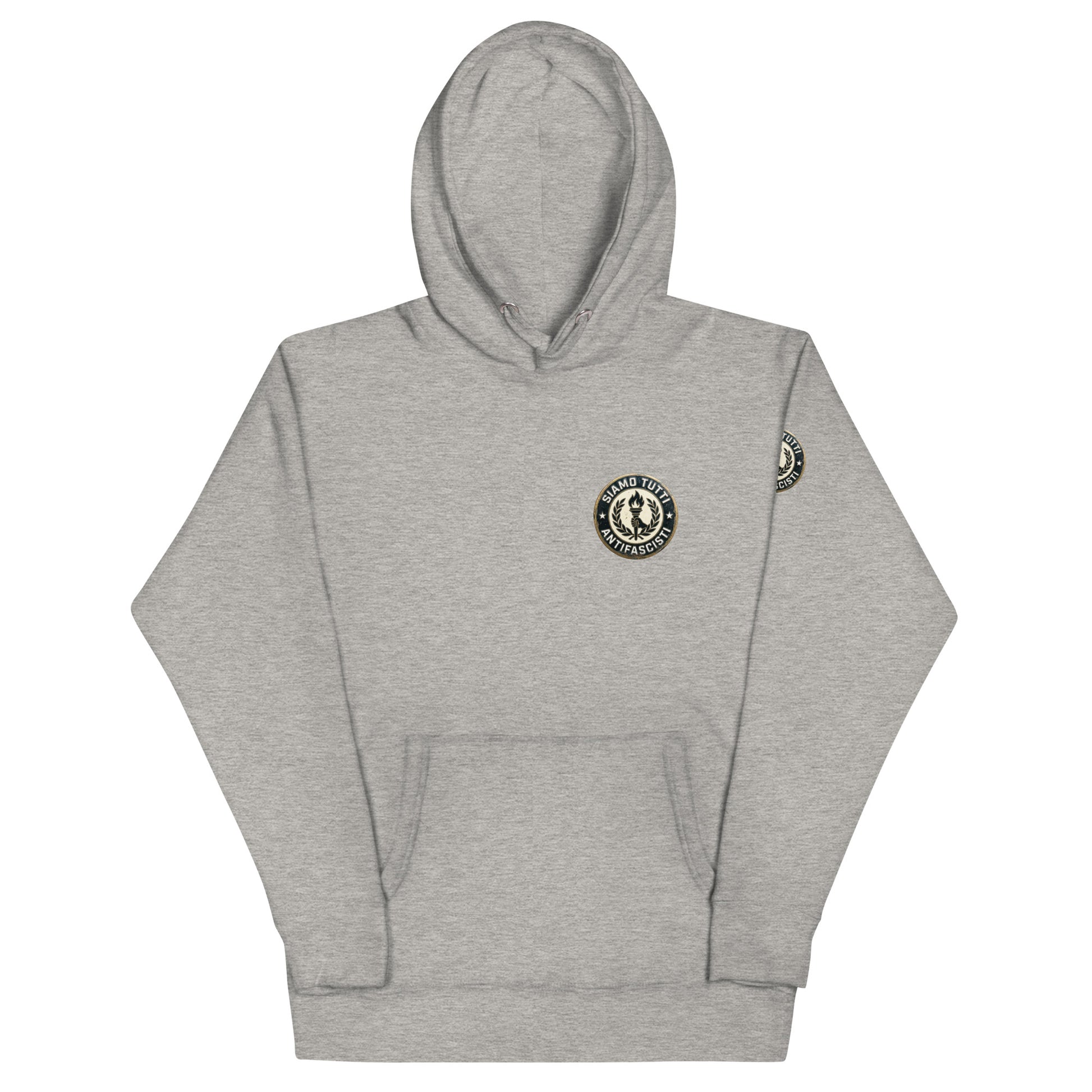 Bone‑farbener Hoodie mit rundem Fackel‑ und Lorbeerkranz‑Emblem und „Siamo Tutti Antifascisti“.