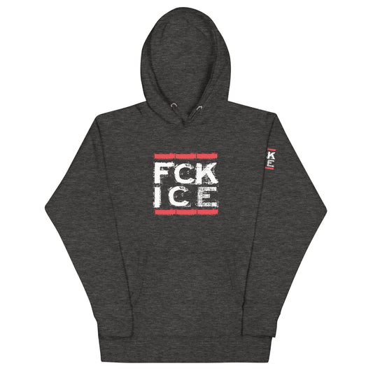 Unisex Hoodie FCK ICE grau mit Beuteltasche und Ärmelprint

