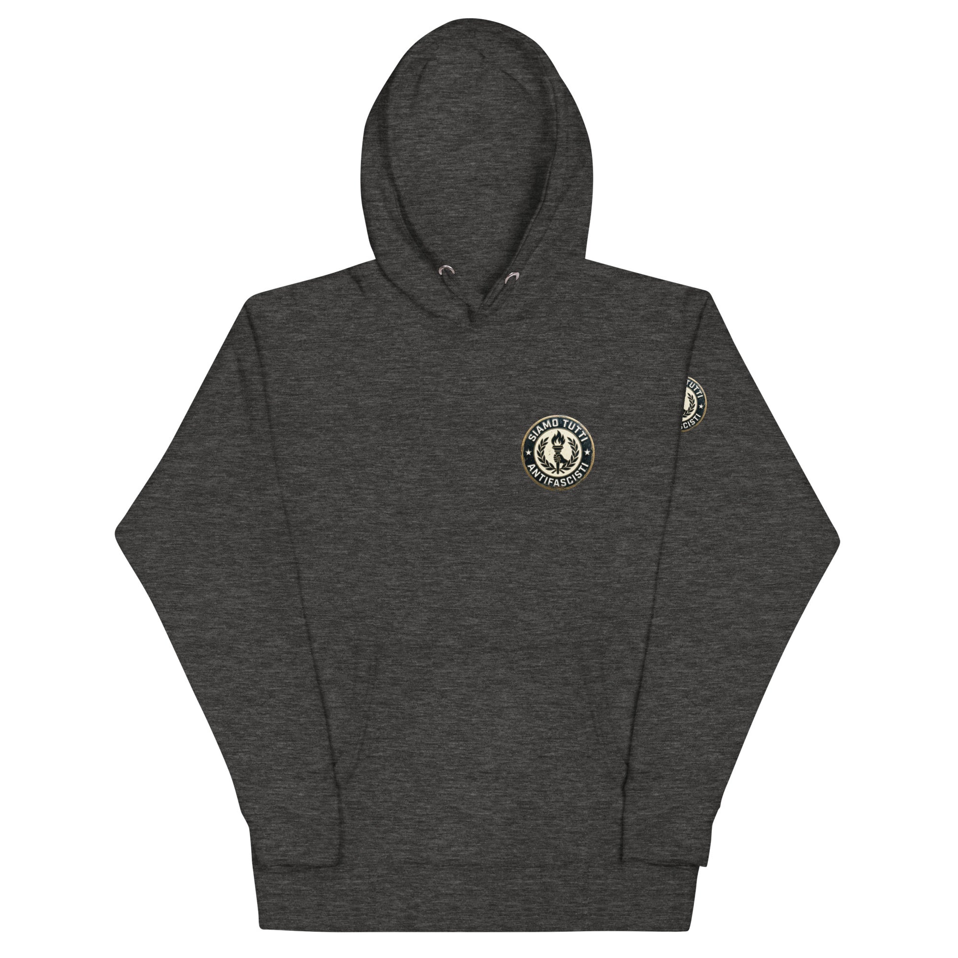 Grauer Unisex‑Hoodie mit rundem Fackel‑ und Lorbeerkranz‑Emblem und dem Schriftzug „Siamo Tutti Antifascisti“.
