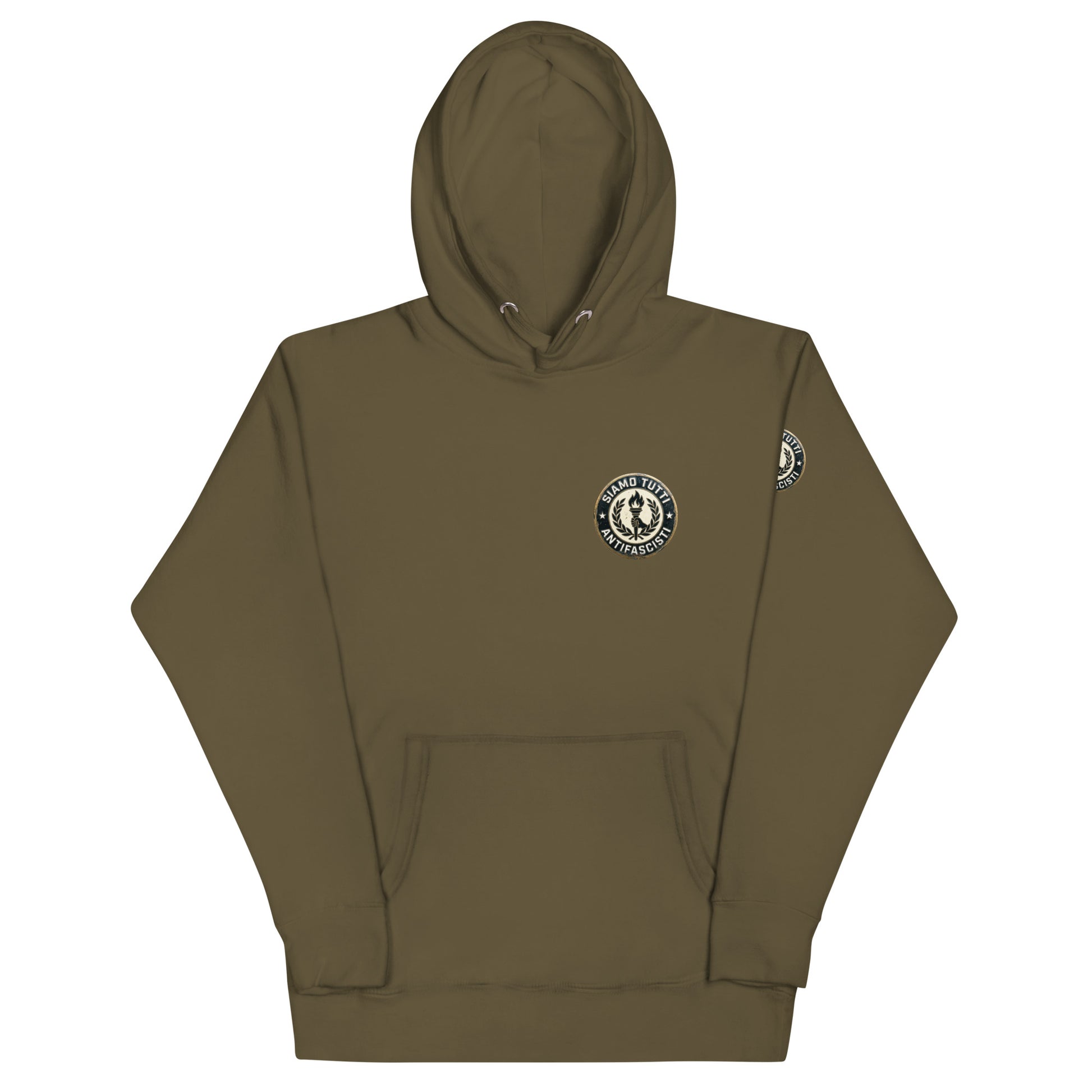 Militärgrüner Unisex‑Hoodie mit Fackel‑ und Lorbeerkranz‑Emblem und „Siamo Tutti Antifascisti“.