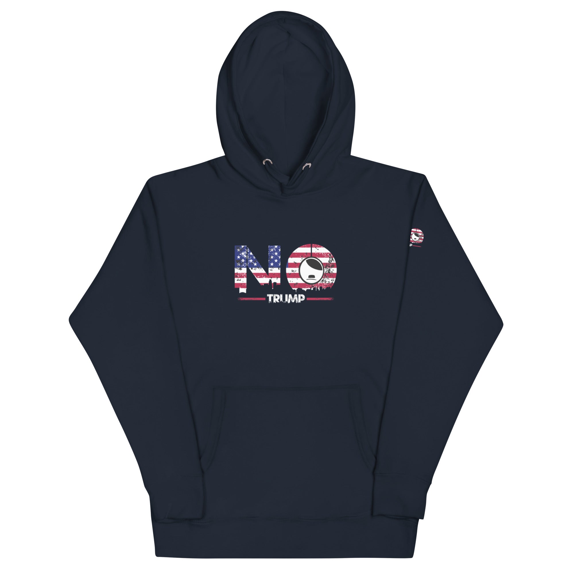 Navy Unisex Kapuzenpullover, Frontansicht; sichtbarer NO TRUMP Aufdruck; Beuteltasche und flache Kordelzüge erkennbar.