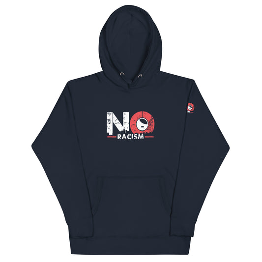 NO RACISM Unisex Hoodie, Frontansicht mit großem NO RACISM Druck. Navy.