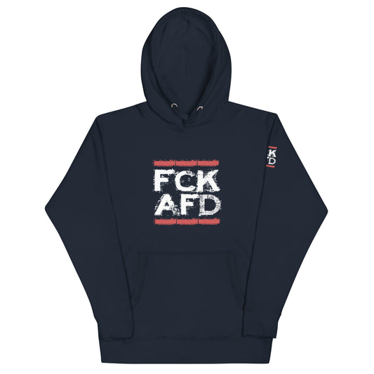 Unisex Hoodie FCK AFD navy mit Frontprint und Ärmelprint
