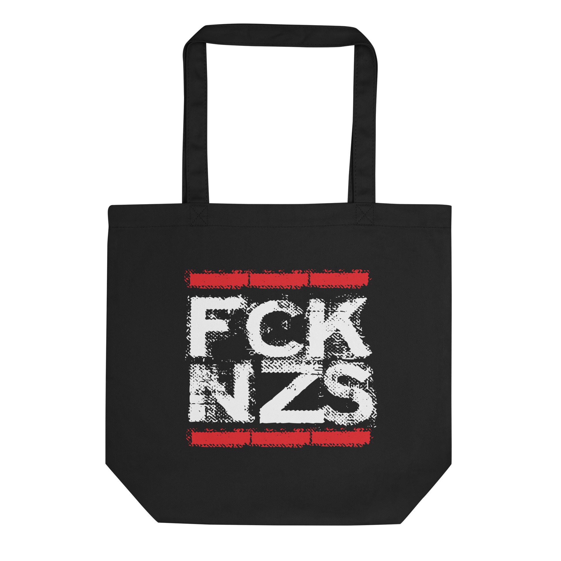 Zeige Haltung beim Einkaufen: robuster schwarzer Bio Baumwollbeutel mit FCK NZS Print, viel Stauraum und langlebigem Druck.