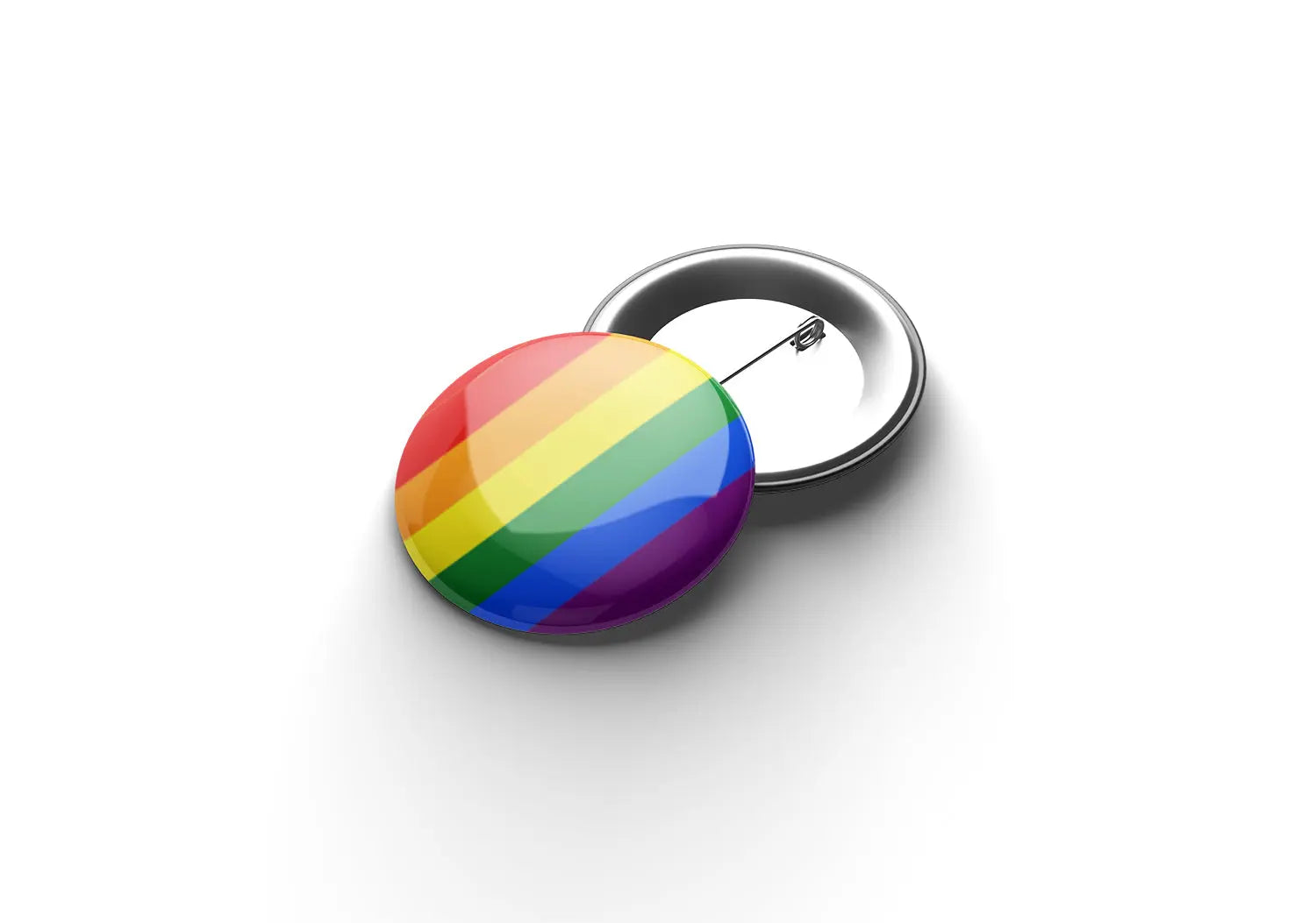 „Runder Button mit horizontalen Streifen in den Pride‑Farben Rot, Orange, Gelb, Grün, Blau und Lila; die gesamte Fläche zeigt die klassische Regenbogenflagge.“