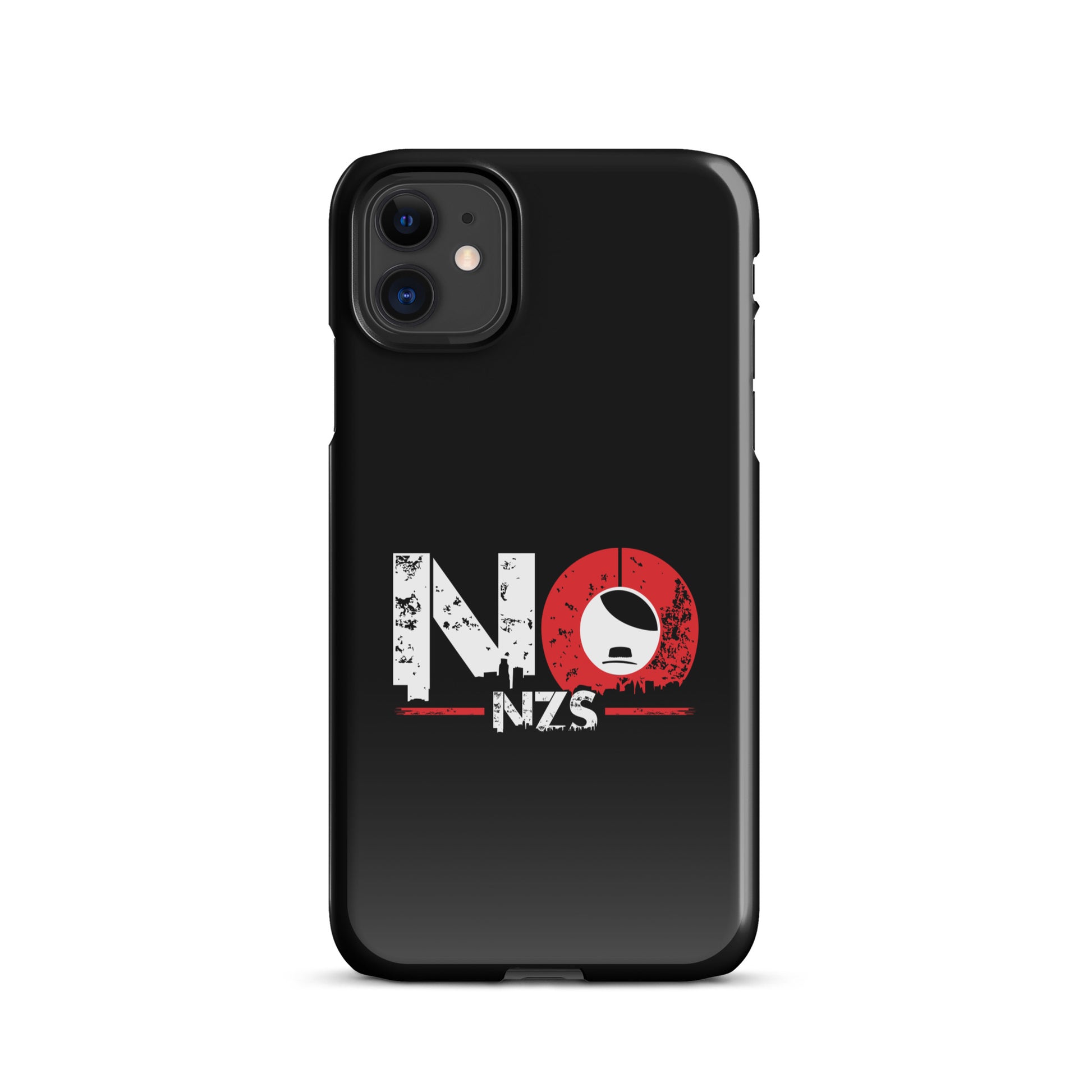 Schwarze PC‑Hülle mit großem „NO NZS“ Print auf der Rückseite