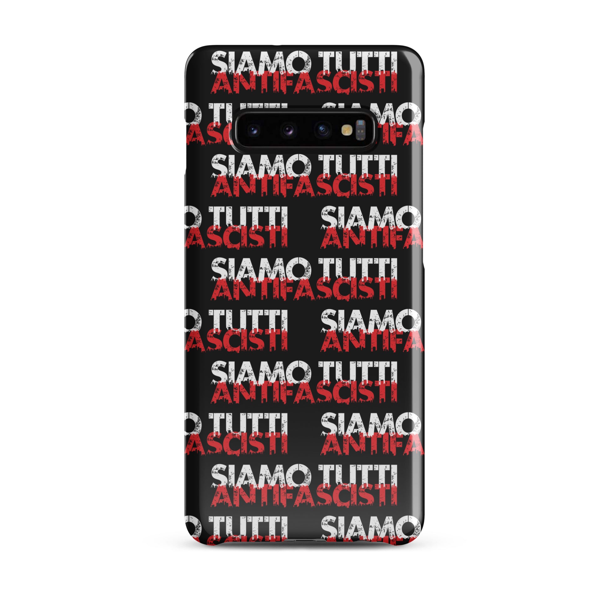 Smartphone‑Hülle mit Allover‑Print ‚SIAMO TUTTI ANTIFASCISTI‘ in Weiß und Rot auf schwarzem Hintergrund. 1