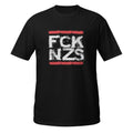 Schwarzes Unisex T‑Shirt mit weiß‑rotem FCK‑N‑Z‑S Schriftzug im Brick‑Design, Teil der Budget Friendly Line aus 100 % Baumwolle.