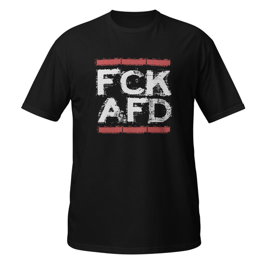 „Schwarzes Unisex T‑Shirt mit weiß‑rotem FCK‑A‑F‑D Schriftzug im Brick‑Design, Teil der Budget Friendly Line aus 100 % Baumwolle.“