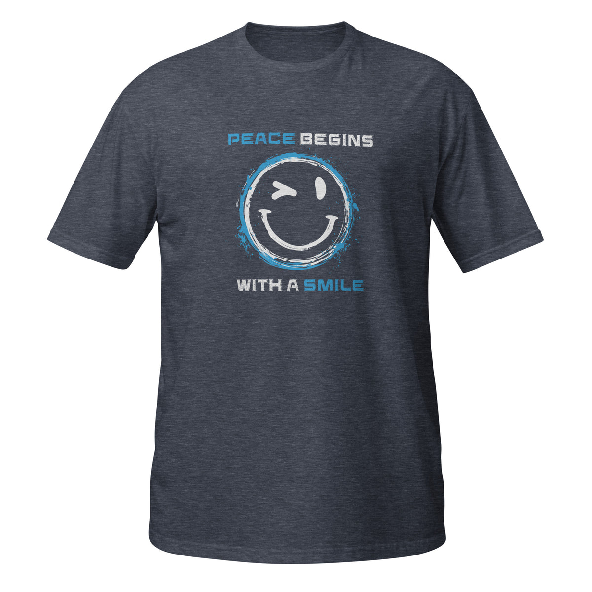 Statement‑T‑Shirt mit zwinkerndem Smiley, blauen Akzenten und positiver Friedensbotschaft.

