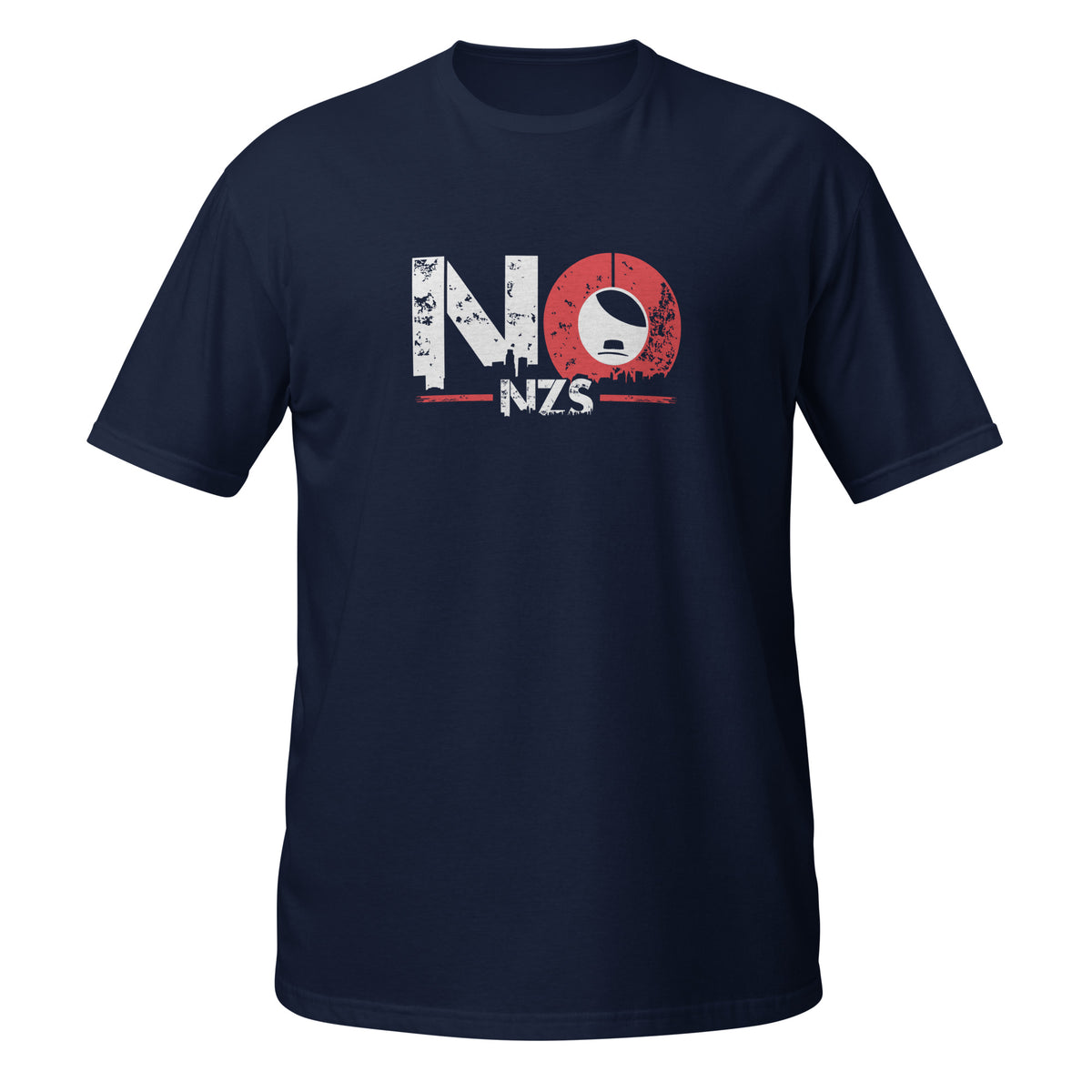 „Unisex T‑Shirt NO NZS in Schwarz mit weiß‑rotem Print“

