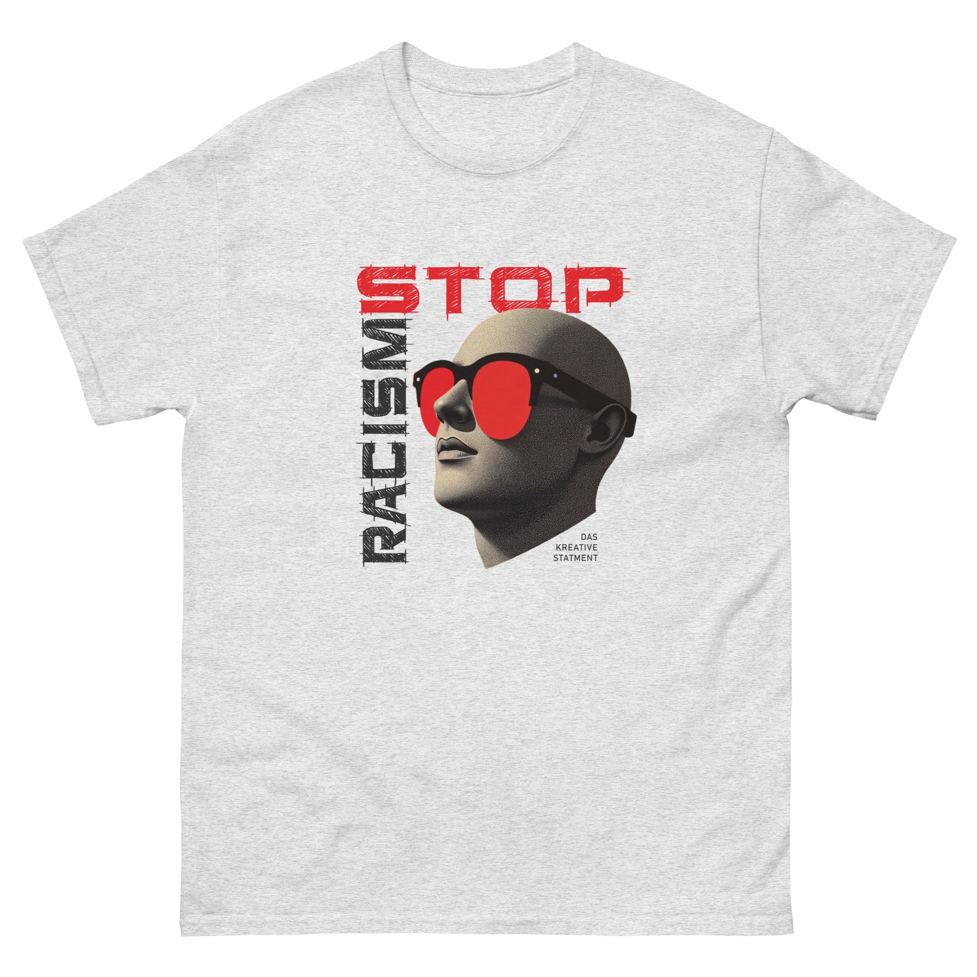 STOP RACISM T‑Shirt Flatlay  auf hellem Hintergrund
