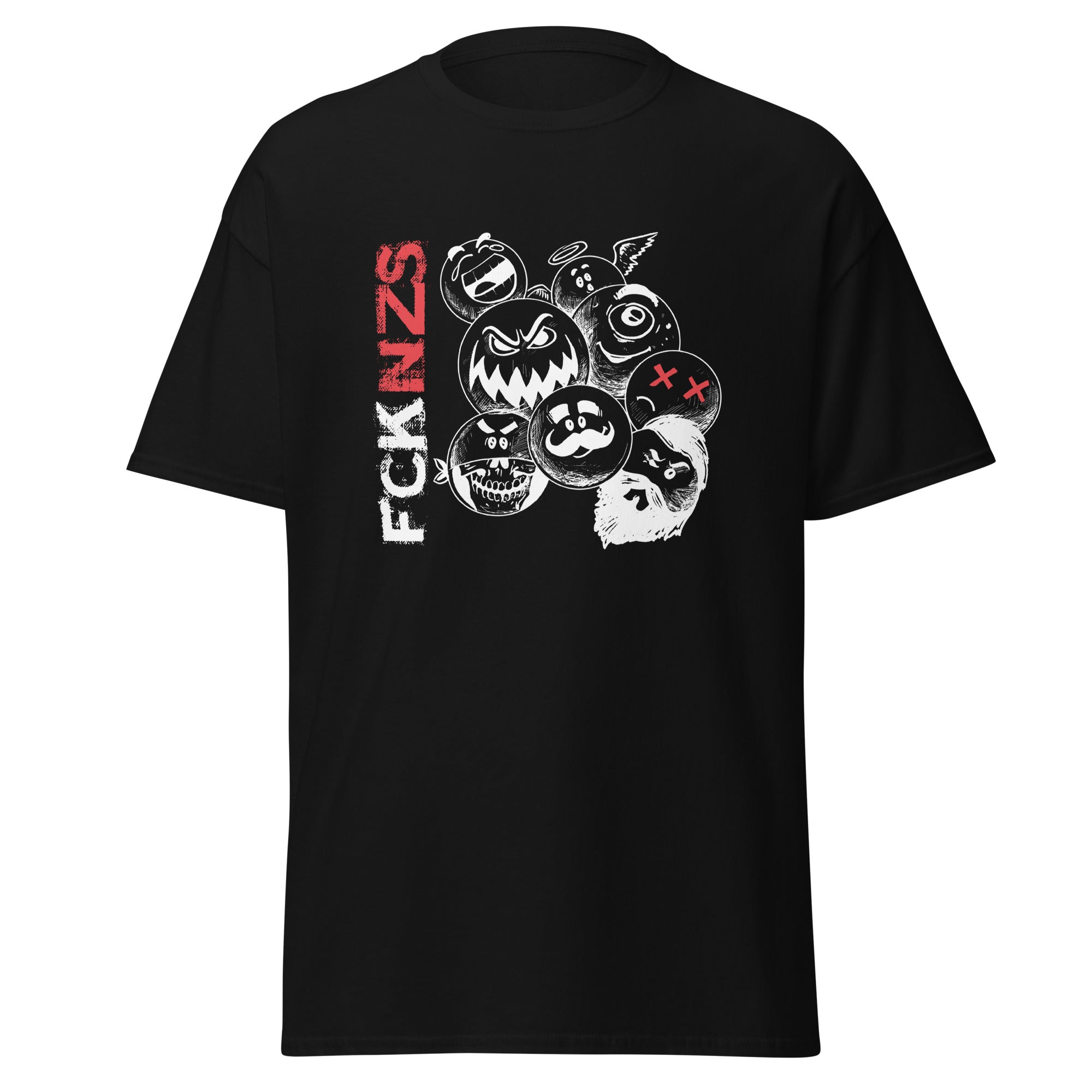 „Schwarzes Unisex T‑Shirt mit weiß‑rotem FCK NZS Schriftzug und gezeichneter Fratzen‑Grafik als antifaschistisches Statement.“