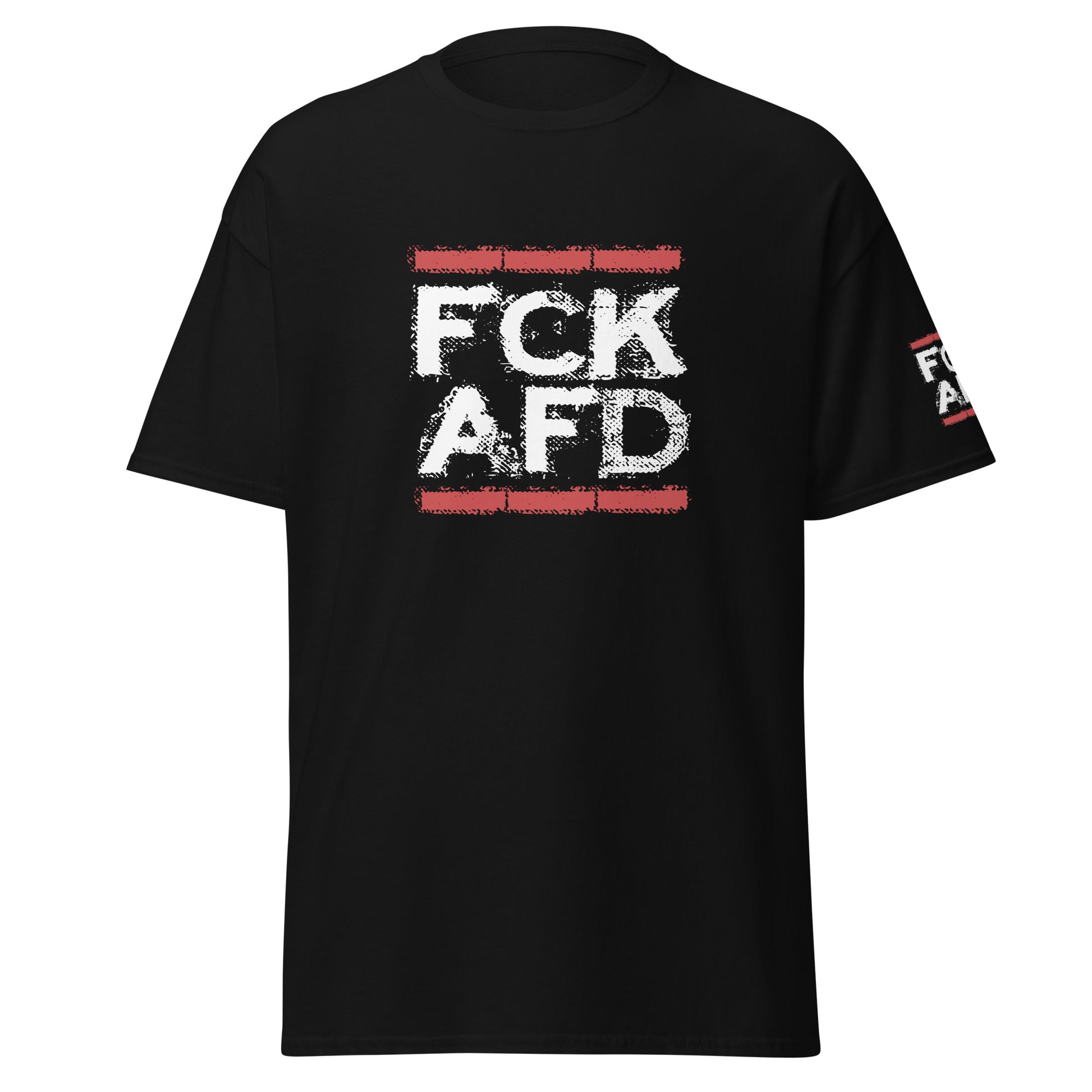 Schwarzes Unisex‑T‑Shirt mit plakativem weiß‑rotem FCK AFD Frontprint als politisches Statement