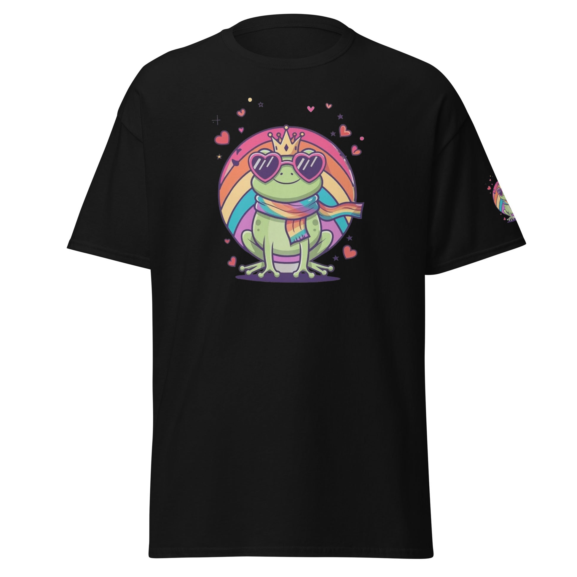 Frog Against the Machine T‑Shirt Vorderansicht Frosch mit Krone Regenbogenkreis