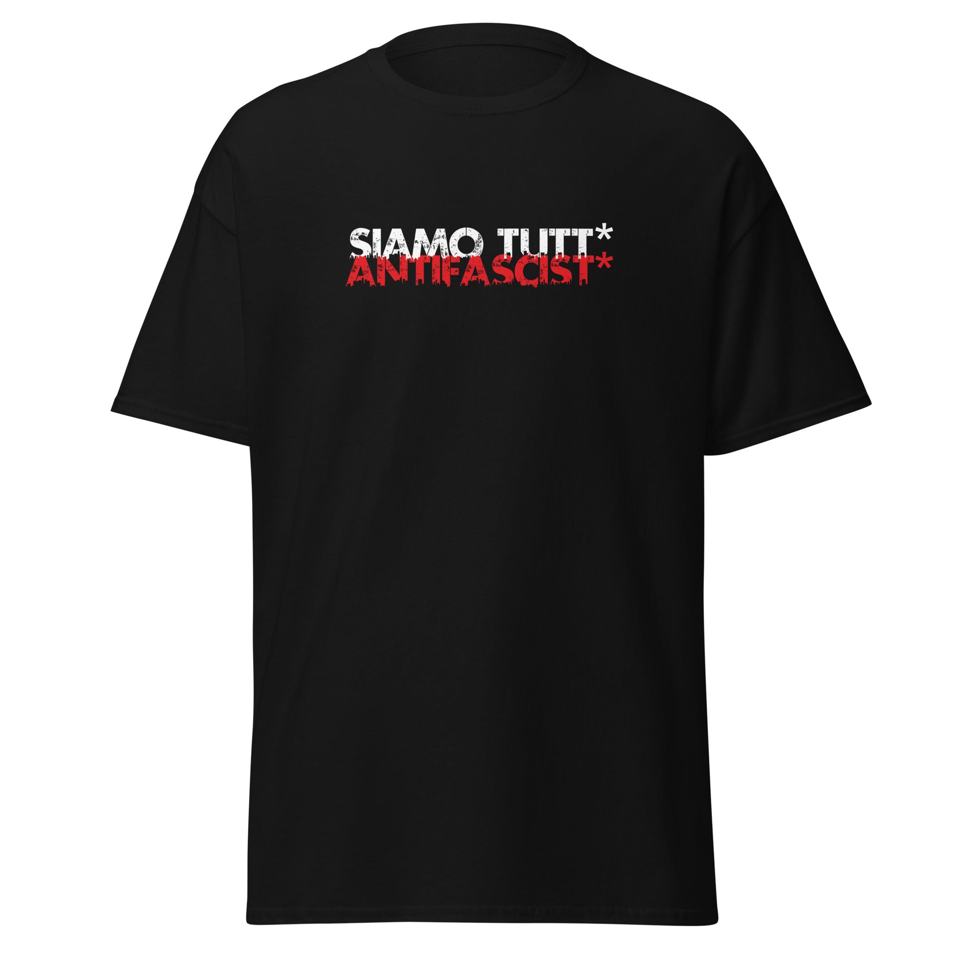 „Herren T‑Shirt Siamo tutt* antifascist* in Schwarz mit zweifarbigem Print“


