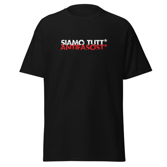 „Herren T‑Shirt Siamo tutt* antifascist* in Schwarz mit zweifarbigem Print“


