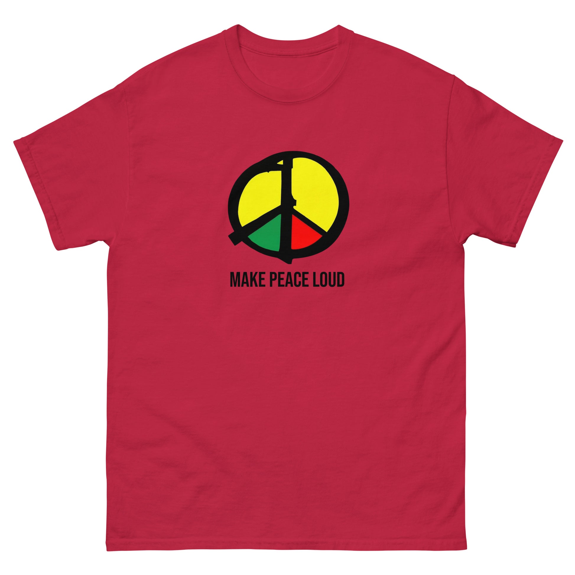 Unisex T‑Shirt mit Peace‑Symbol in Gelb, Grün und Rot und dem Schriftzug Make Peace Loud in Rot.