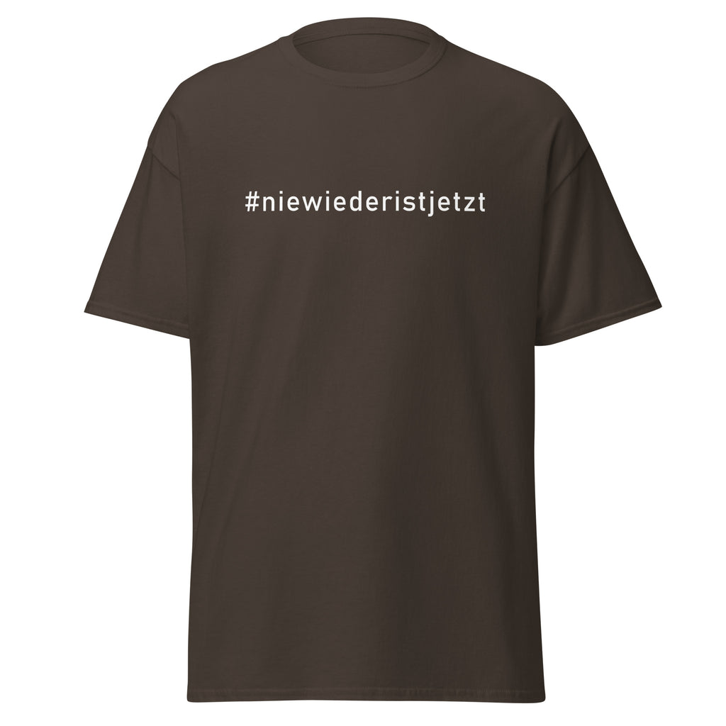 Unisex‑T‑Shirt, Vorder‑ und Rückseite mit weißem Hashtag „#niewiederistjetzt“.