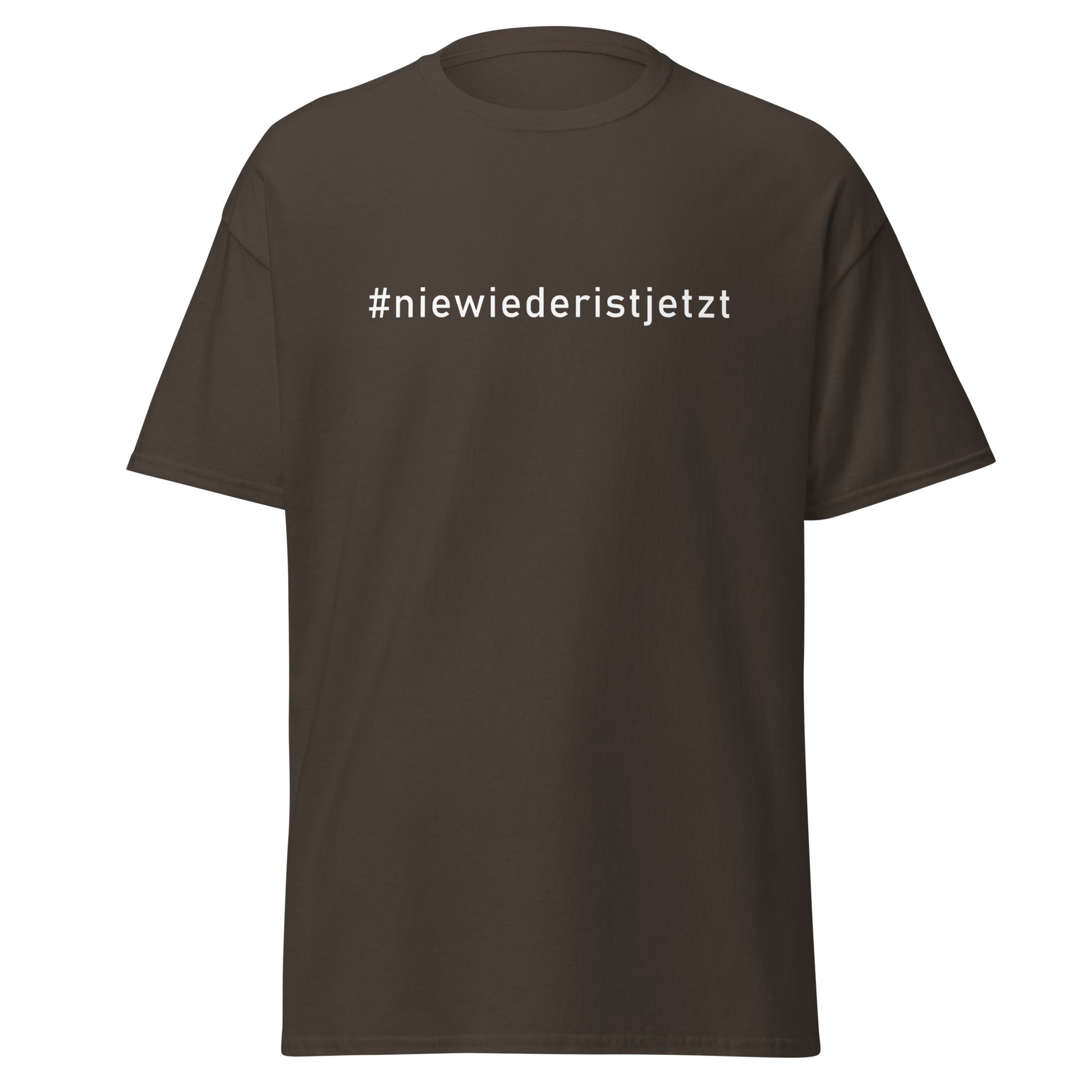 Unisex‑T‑Shirt, Vorder‑ und Rückseite mit weißem Hashtag „#niewiederistjetzt“.