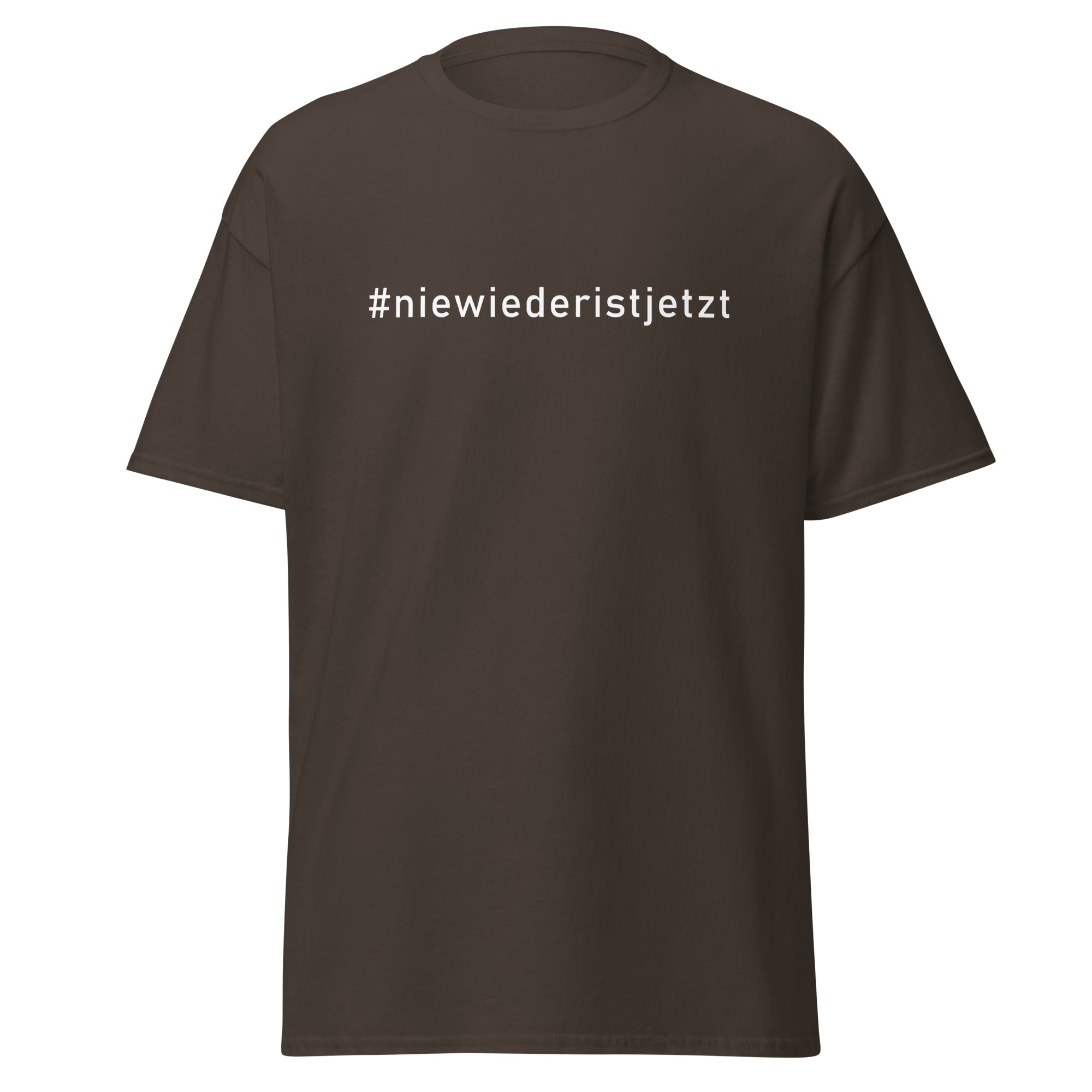 Unisex‑T‑Shirt, Vorder‑ und Rückseite mit weißem Hashtag „#niewiederistjetzt“.