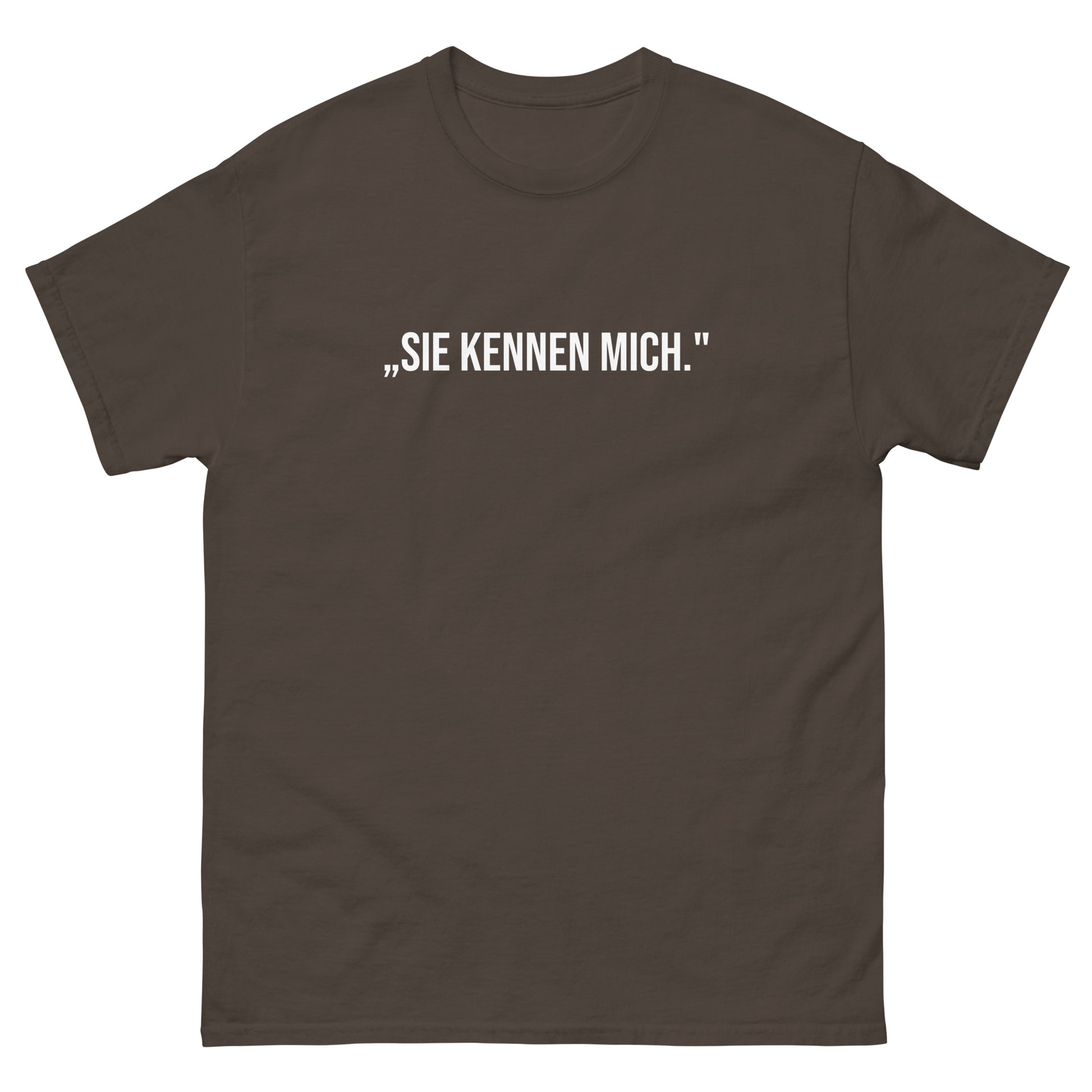 „Braunes Herren T‑Shirt mit dem Aufdruck Sie kennen mich. aus der Angela‑Merkel‑Comeback‑Kollektion.“