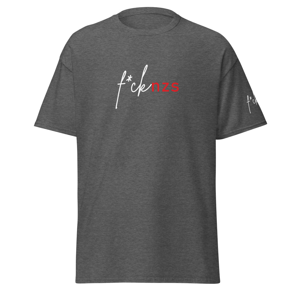 Graues Herren‑T‑Shirt mit weiß‑rotem f*cknzs Frontprint in stilisierter Typografie und zusätzlichem Ärmelprint in Weiß