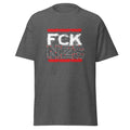 Graues
 Herren‑T‑Shirt mit weiß‑rotem FCK NZS Frontprint in distressed Typografie, Buchstaben als Zahlenbild mit roten Verbindungslinien.