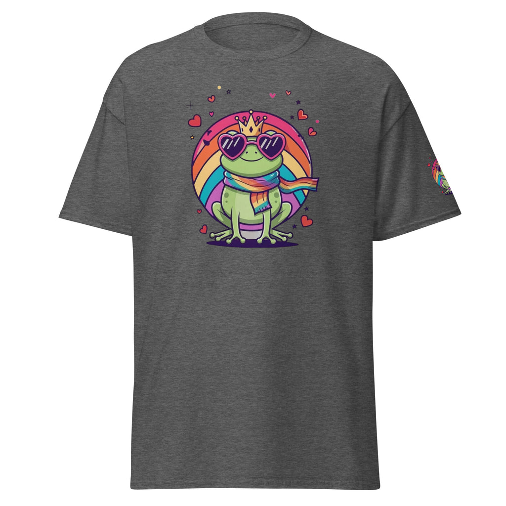 Frog Against the Machine T‑Shirt Detail Herzbrille und Antifascist Flagge Grau
