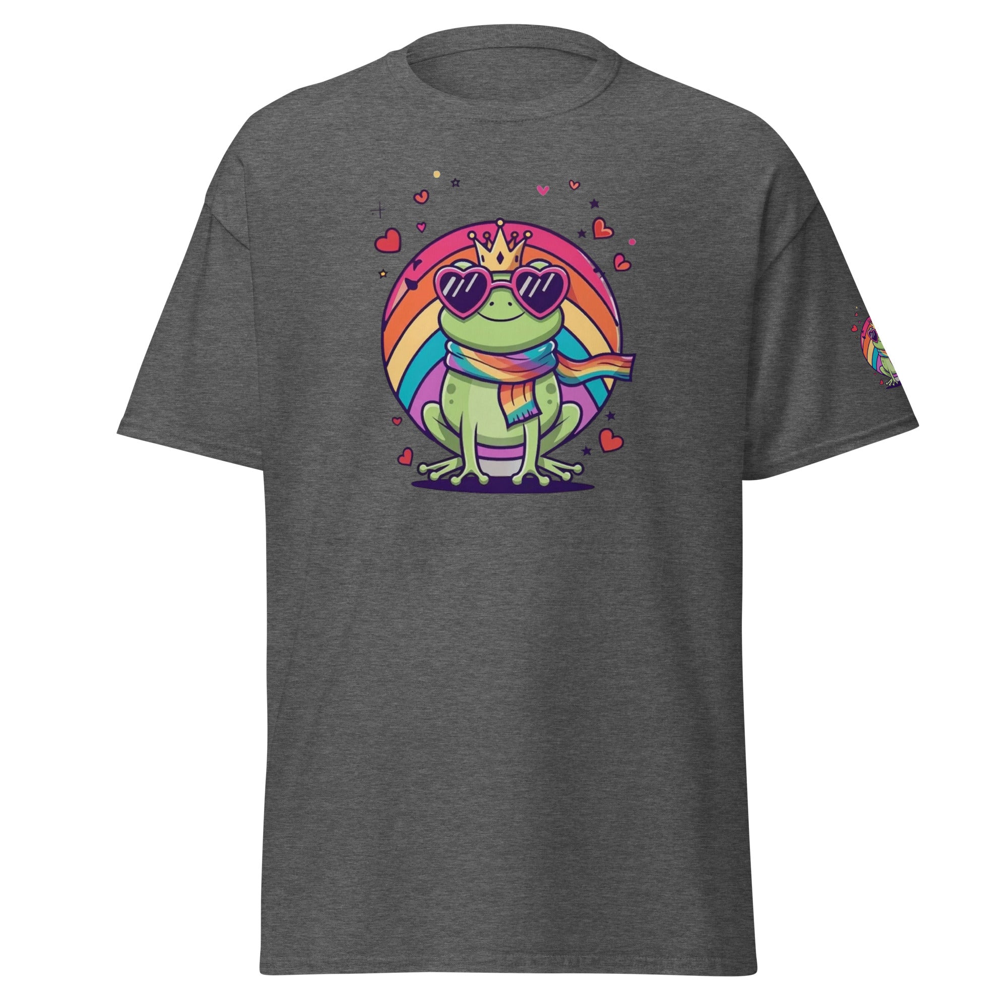Frog Against the Machine T‑Shirt Detail Herzbrille und Antifascist Flagge Grau