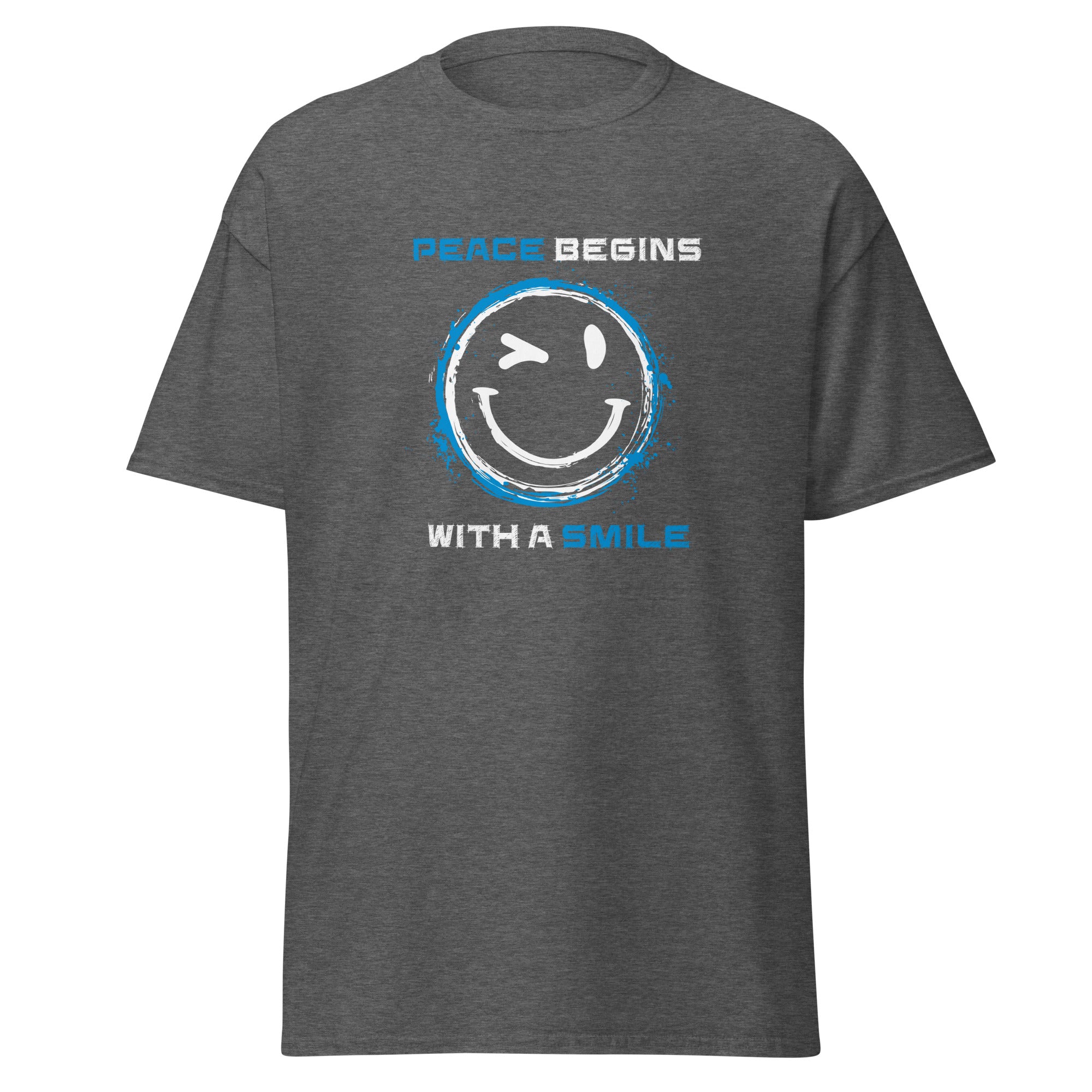 Peace begins with a smile T‑Shirt Detail Schriftzug weiß auf grauem Shirt