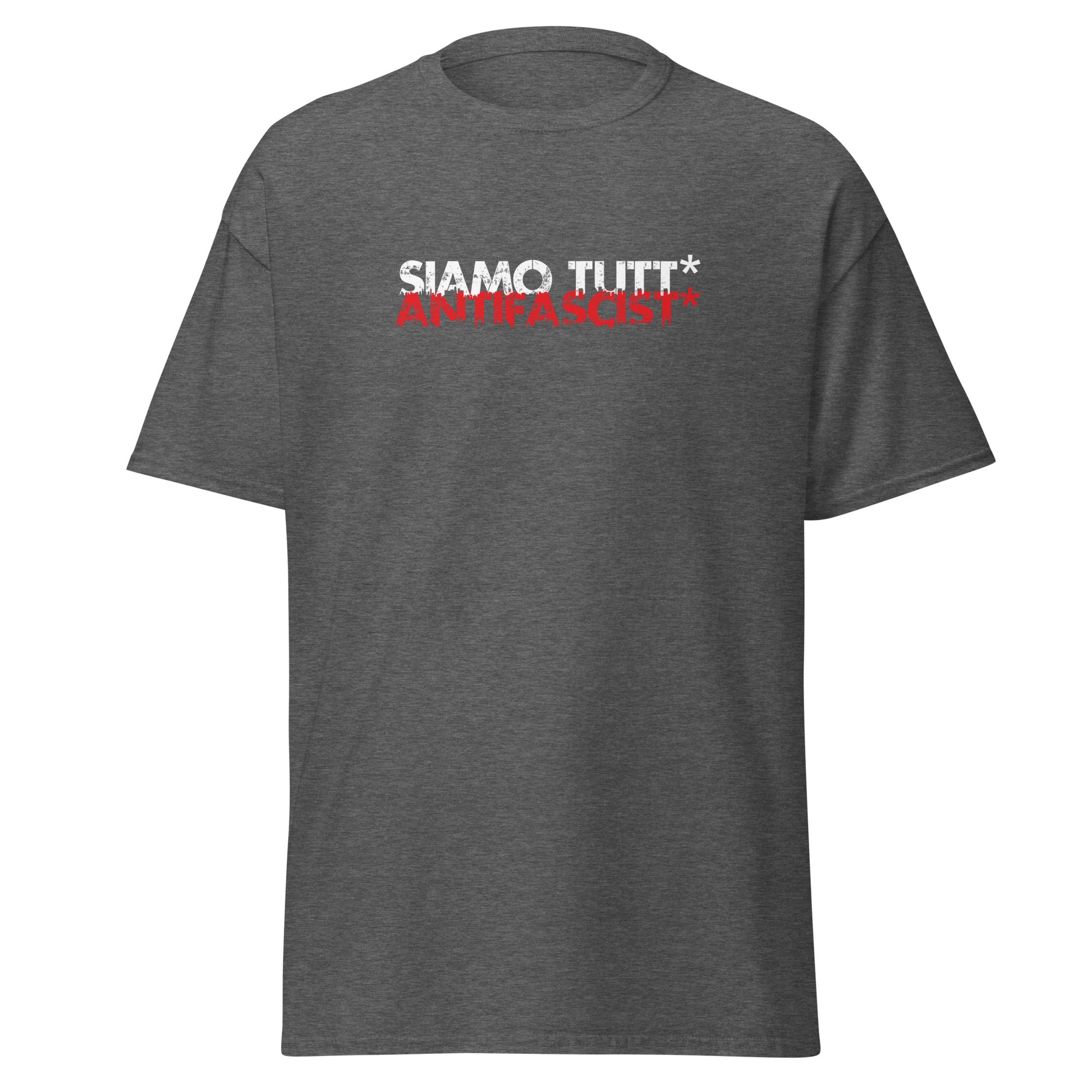 „Graues Protestshirt mit Siamo tutt* antifascist* Aufdruck“