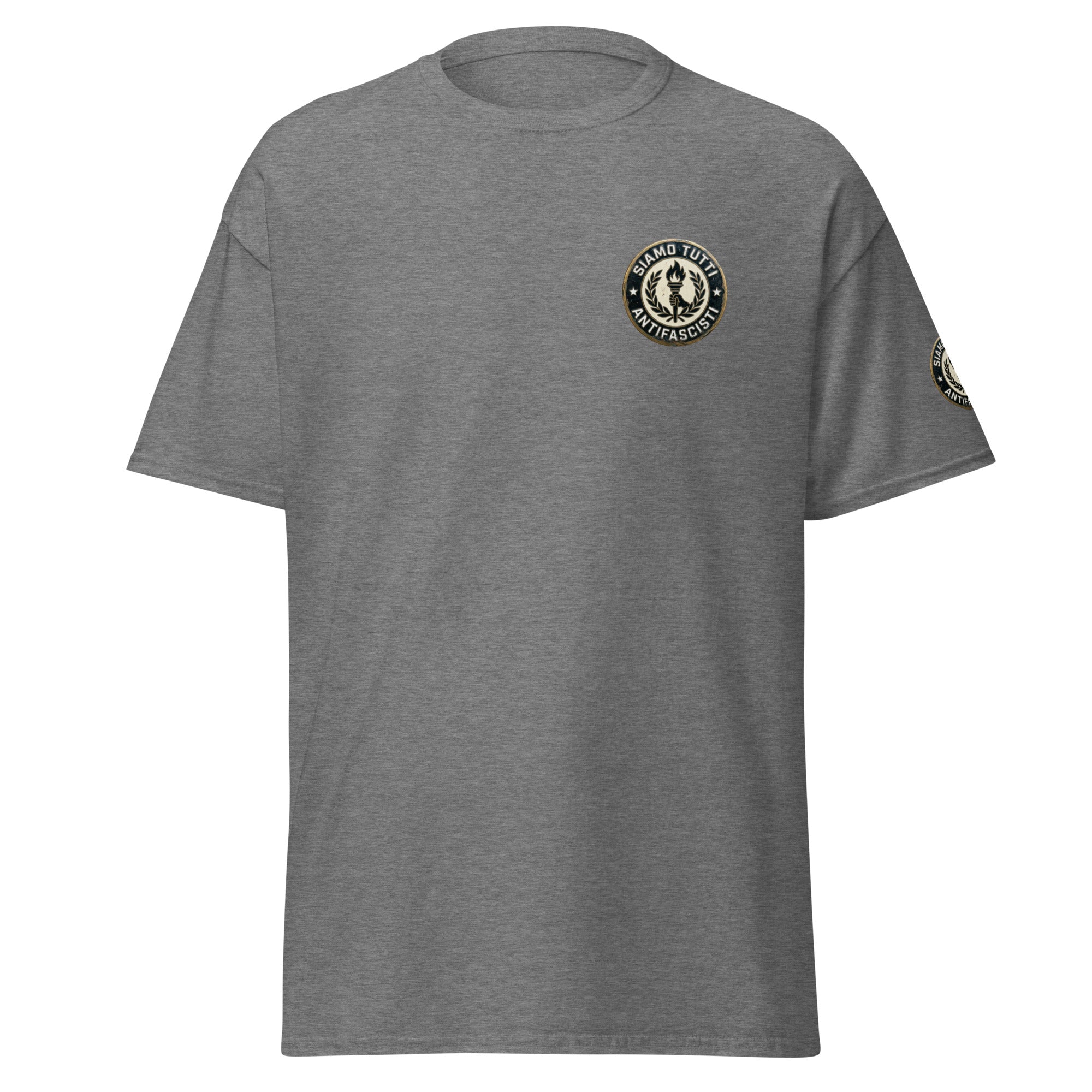 T-Shirt mit Fackel‑ und Lorbeerkranz‑Emblem „Siamo Tutti Antifascisti“.

