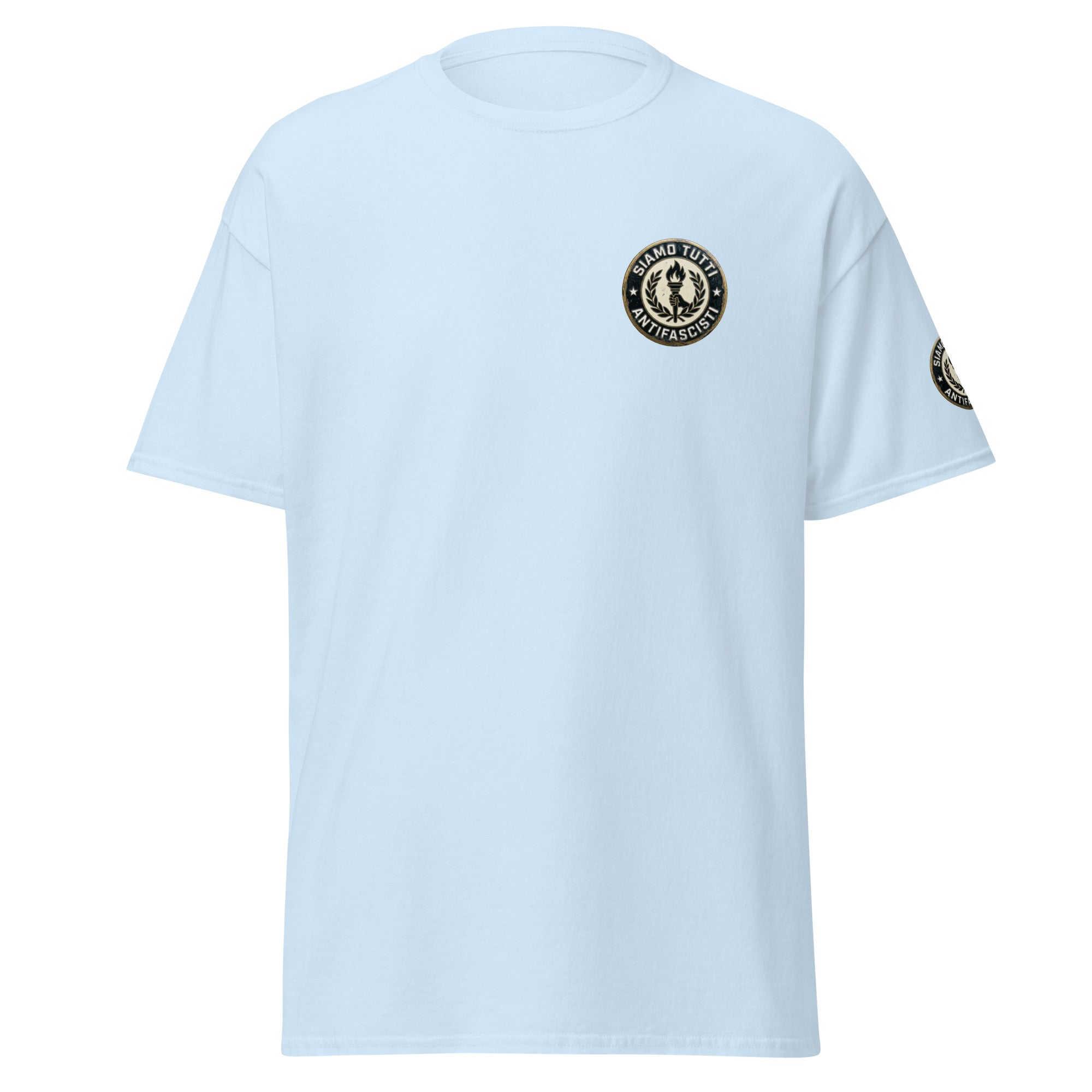 Antifaschismus Shirt – „Siamo Tutti Antifascisti“ Emblem mit Fackel & Lorbeerkranz – Unisex Statement T‑Shirt