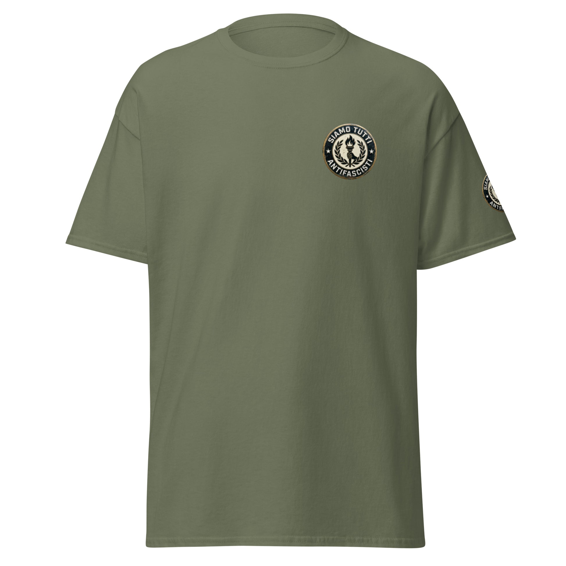 Hellgrünes Unisex T‑Shirt mit rundem Emblem aus Fackel und Lorbeerkranz und dem Schriftzug „Siamo Tutti Antifascisti“.