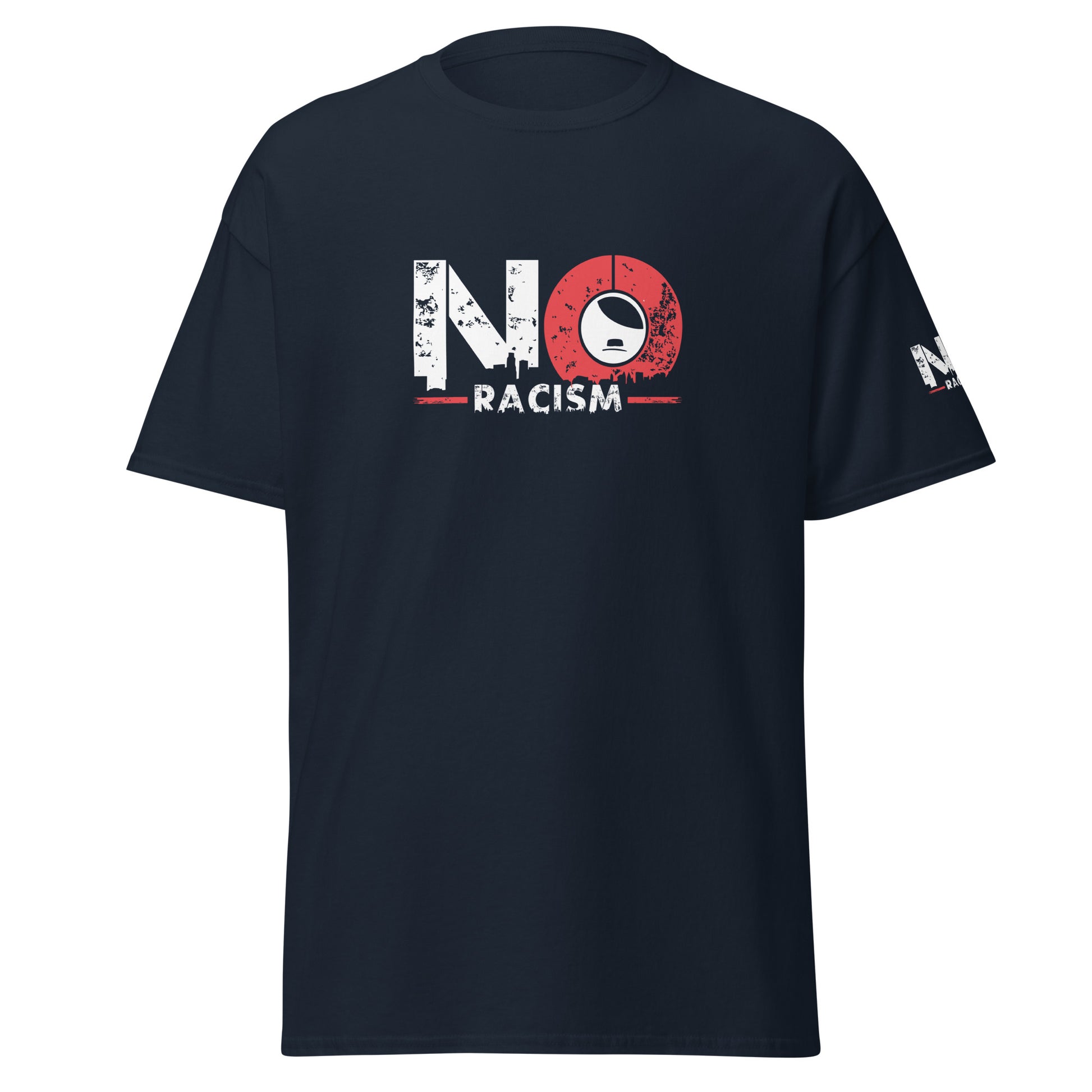 NO RACISM Unisex T‑Shirt mit großflächigem Frontprint und zusätzlichem Ärmeldruck, navy Statement‑Shirt.