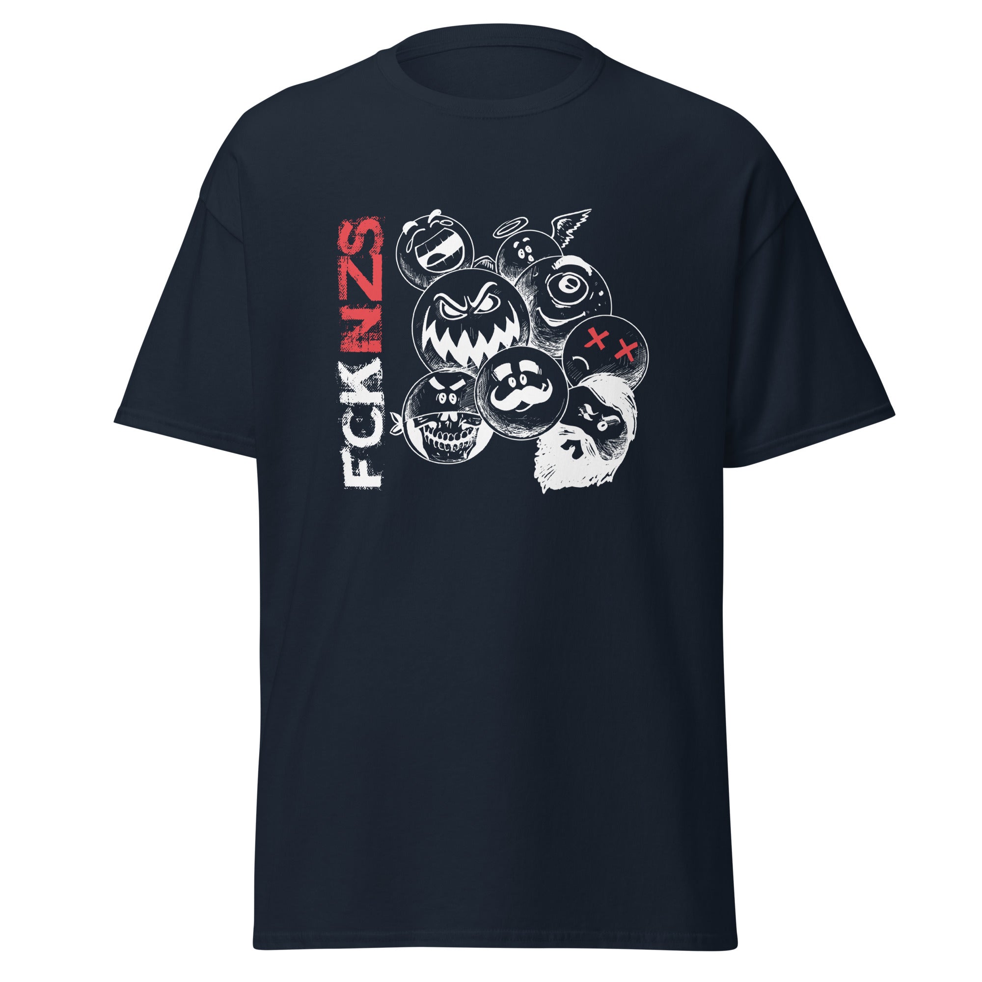 Schwarzes T‑Shirt mit FCK NZS Print und Fratzen‑Grafik