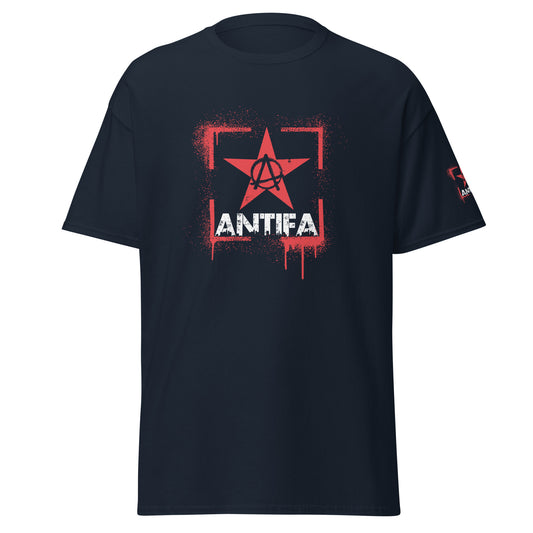 Antifa T-Shirt navy mit rotem Stern und Anarchie-Symbol auf der Brust, darunter „ANTIFA“-Schriftzug

