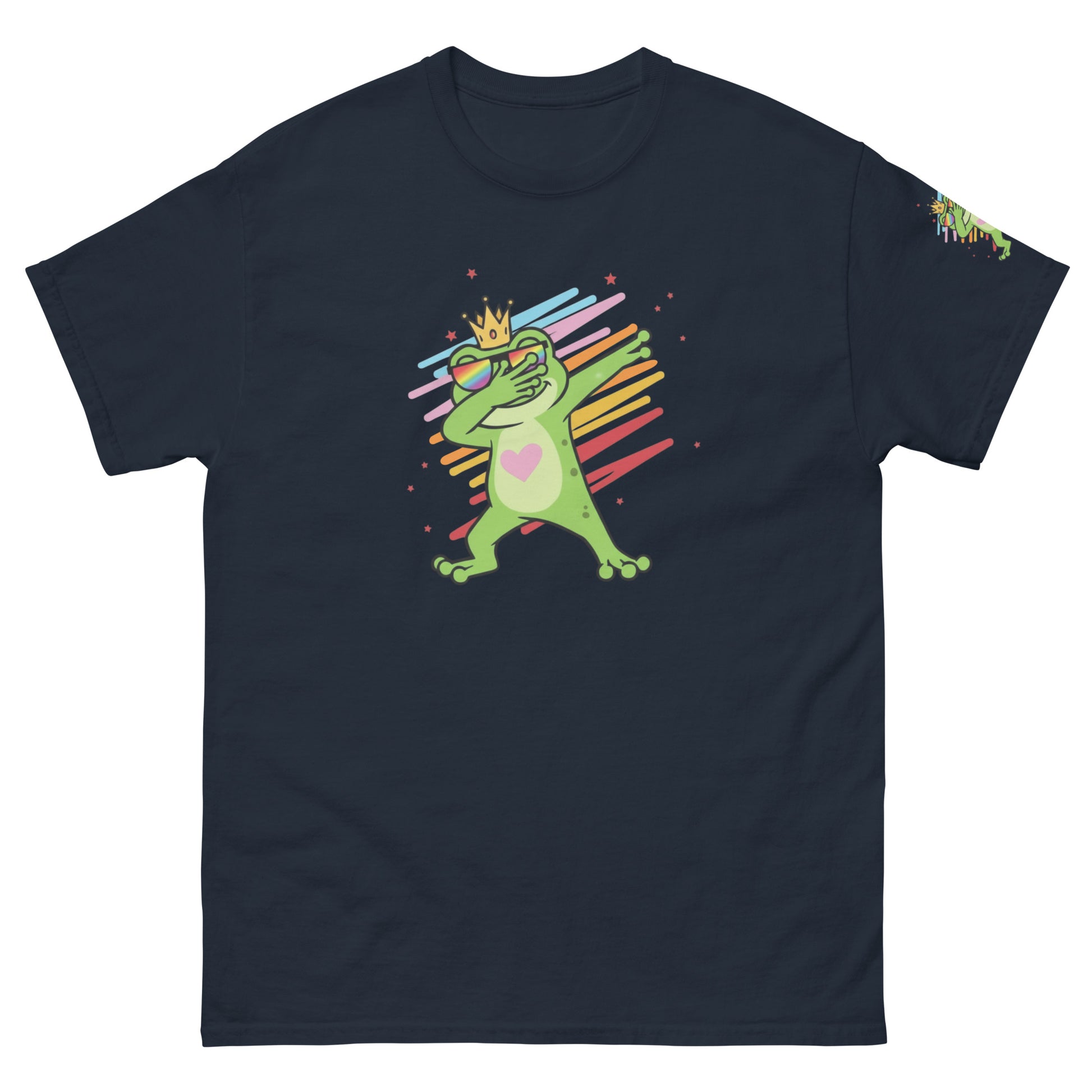 Dabbing Frosch T‑Shirt navy Vorderansicht Regenbogenbrille