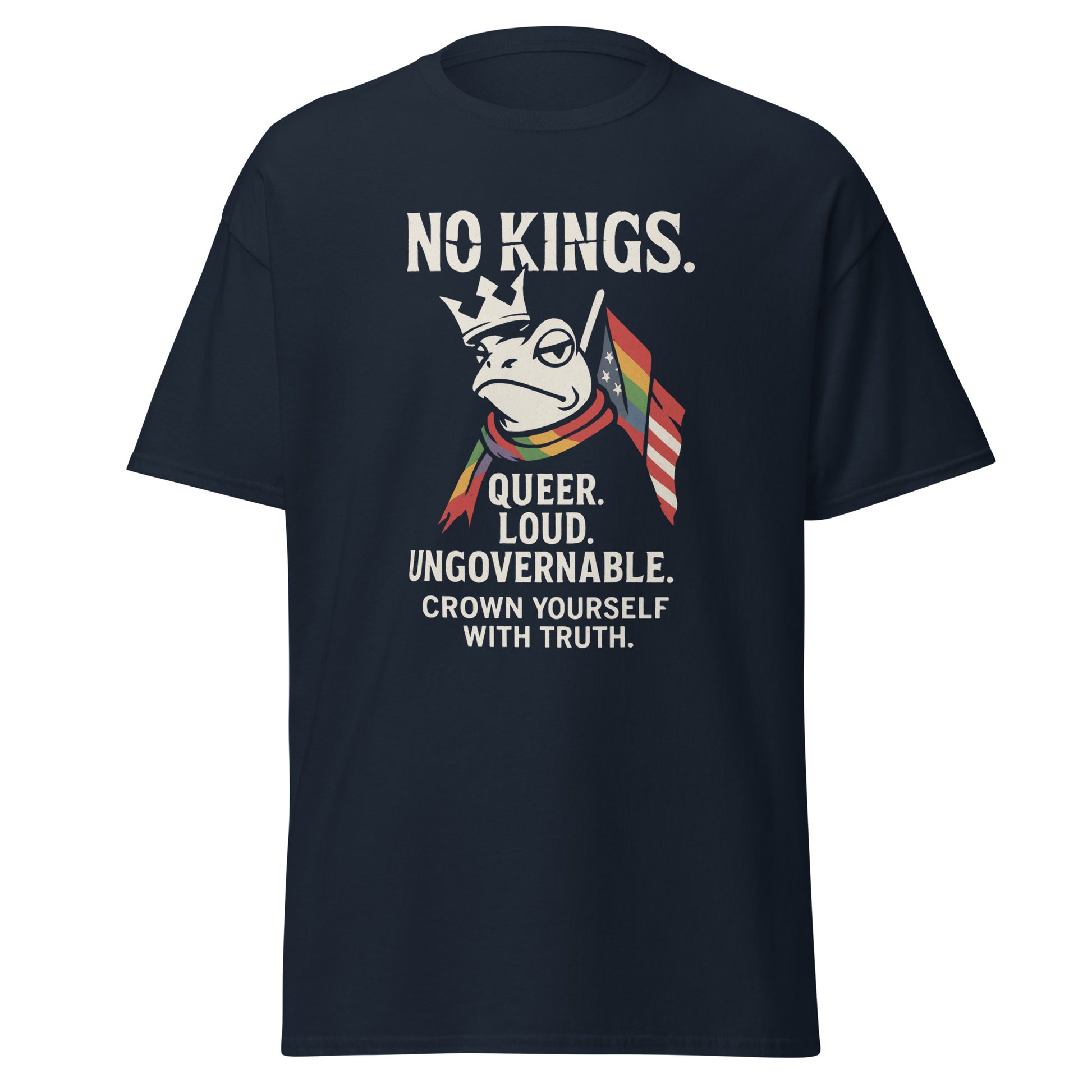 NO KINGS T‑Shirt Detail gebrochene Krone und Schriftzug QUEER Navy