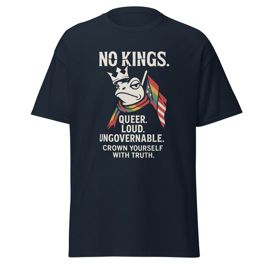 NO KINGS T‑Shirt Detail gebrochene Krone und Schriftzug QUEER Navy