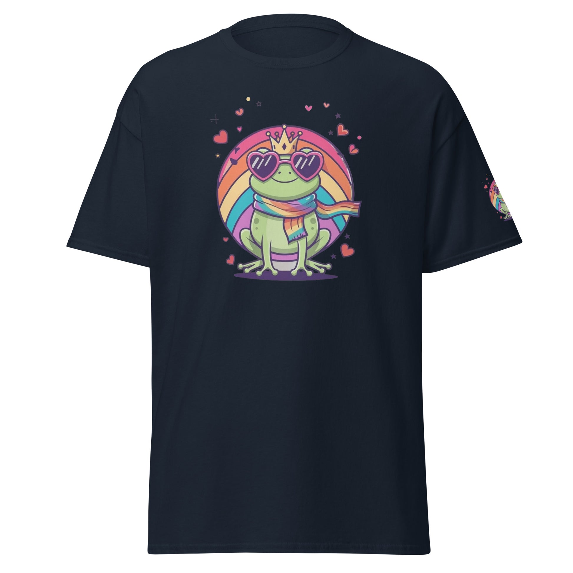 Frog Against the Machine T‑Shirt Vorderansicht Frosch mit Krone Regenbogenkreis Navy