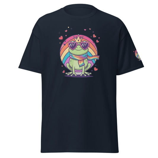 Frog Against the Machine T‑Shirt Vorderansicht Frosch mit Krone Regenbogenkreis Navy