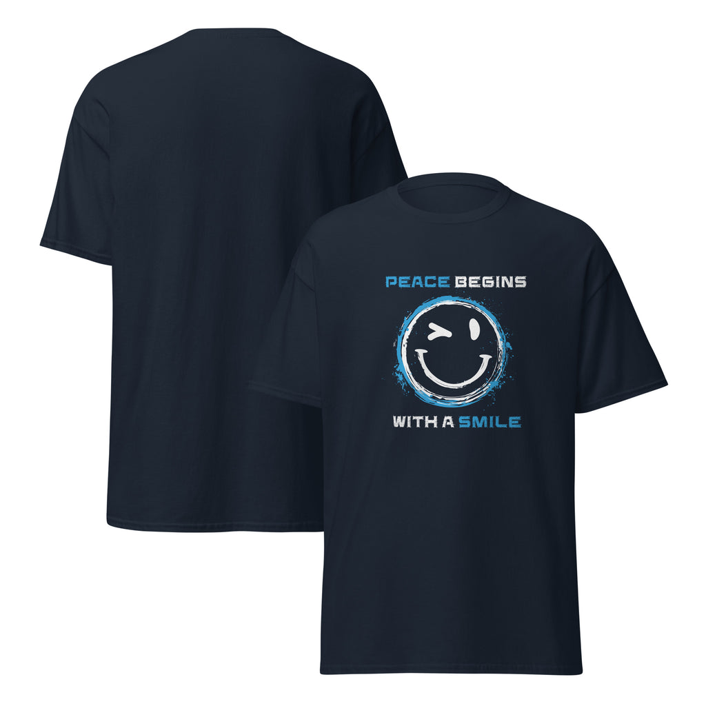 Peace begins with a smile T‑Shirt Detail Schriftzug weiß auf navy