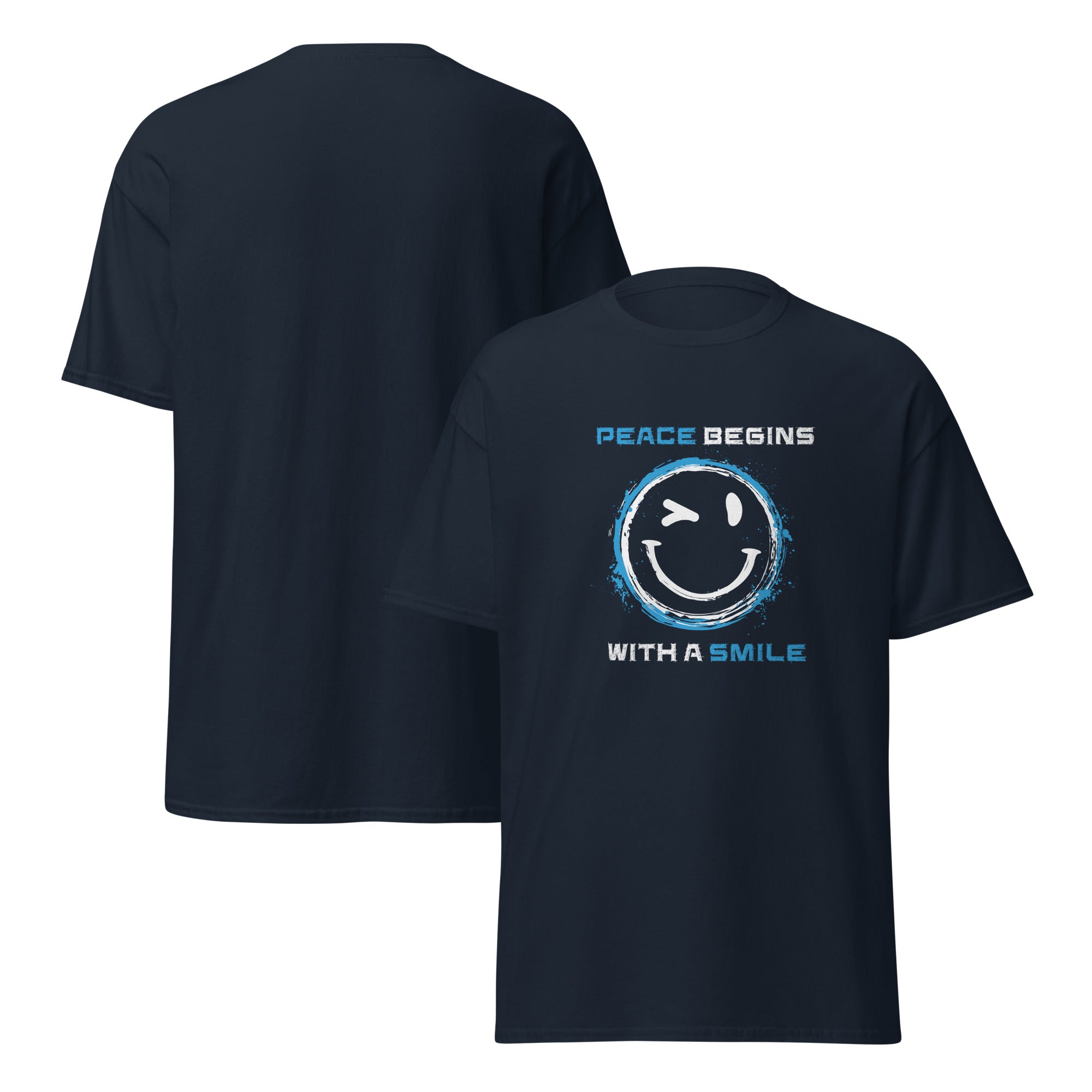 Peace begins with a smile T‑Shirt Detail Schriftzug weiß auf navy