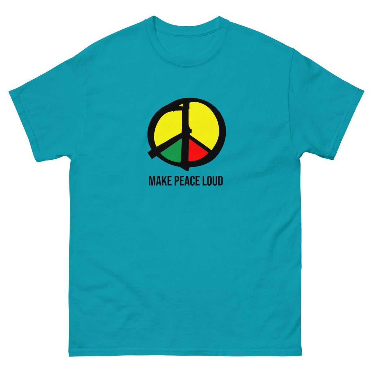 Unisex T‑Shirt mit großem Peace‑Symbol in panafrikanischen Farben. Das Symbol enthält die Silhouette eines Gewehrs, das in ein Friedenszeichen übergeht. Darunter steht der Text Make Peace Loud.