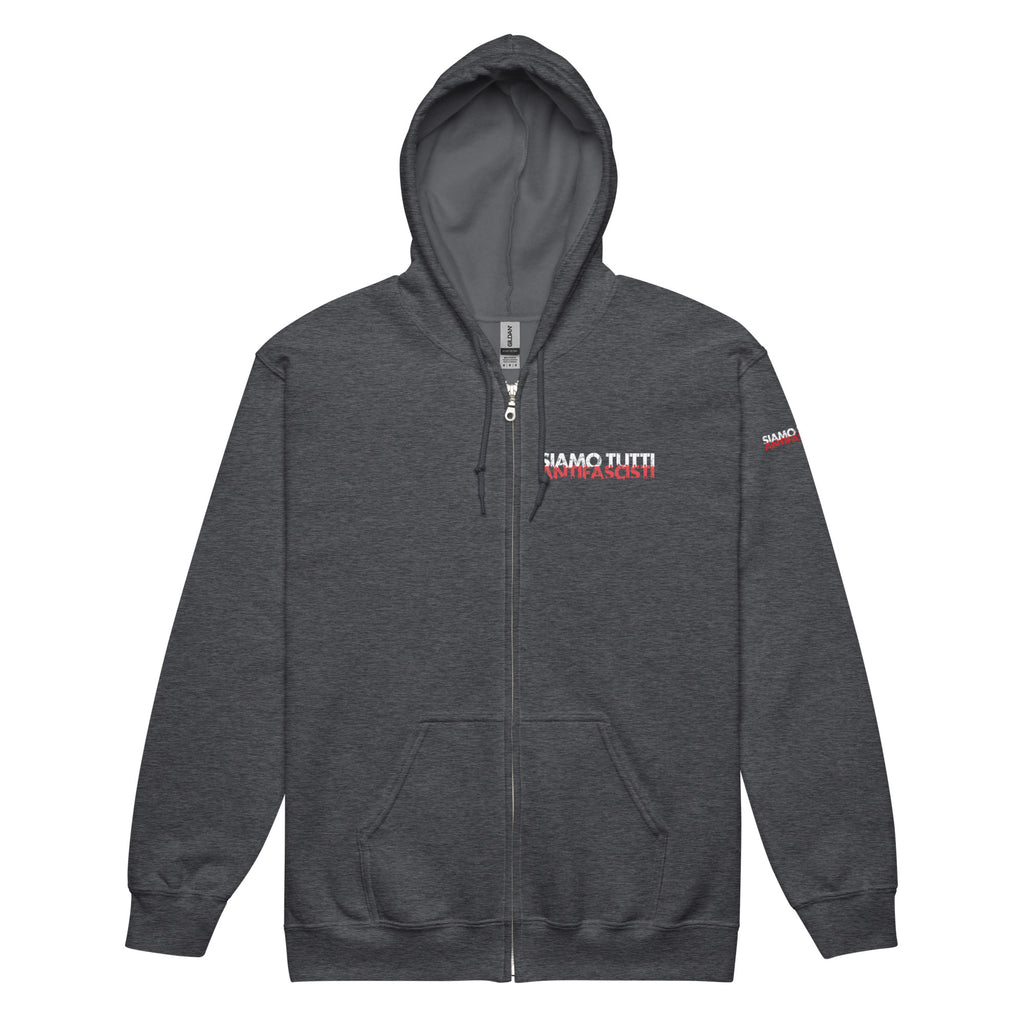 „Dunkelgrauer Zip‑Hoodie mit Kapuze, Fronttasche und Brustprint ‚SIAMO TUTTI ANTIFASCISTI‘ in Weiß und Rot, sowie Ärmelprint ‚SIAMO TUTTI‘ – minimalistisches antifaschistisches Design mit klarer Botschaft.“