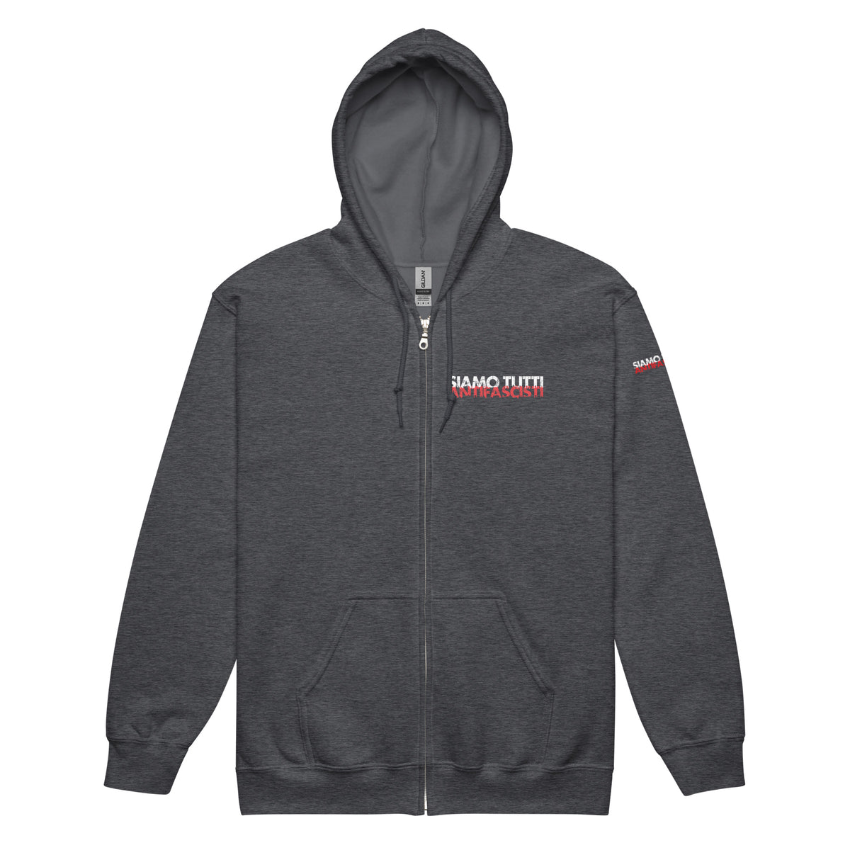 „Dunkelgrauer Zip‑Hoodie mit Kapuze, Fronttasche und Brustprint ‚SIAMO TUTTI ANTIFASCISTI‘ in Weiß und Rot, sowie Ärmelprint ‚SIAMO TUTTI‘ – minimalistisches antifaschistisches Design mit klarer Botschaft.“