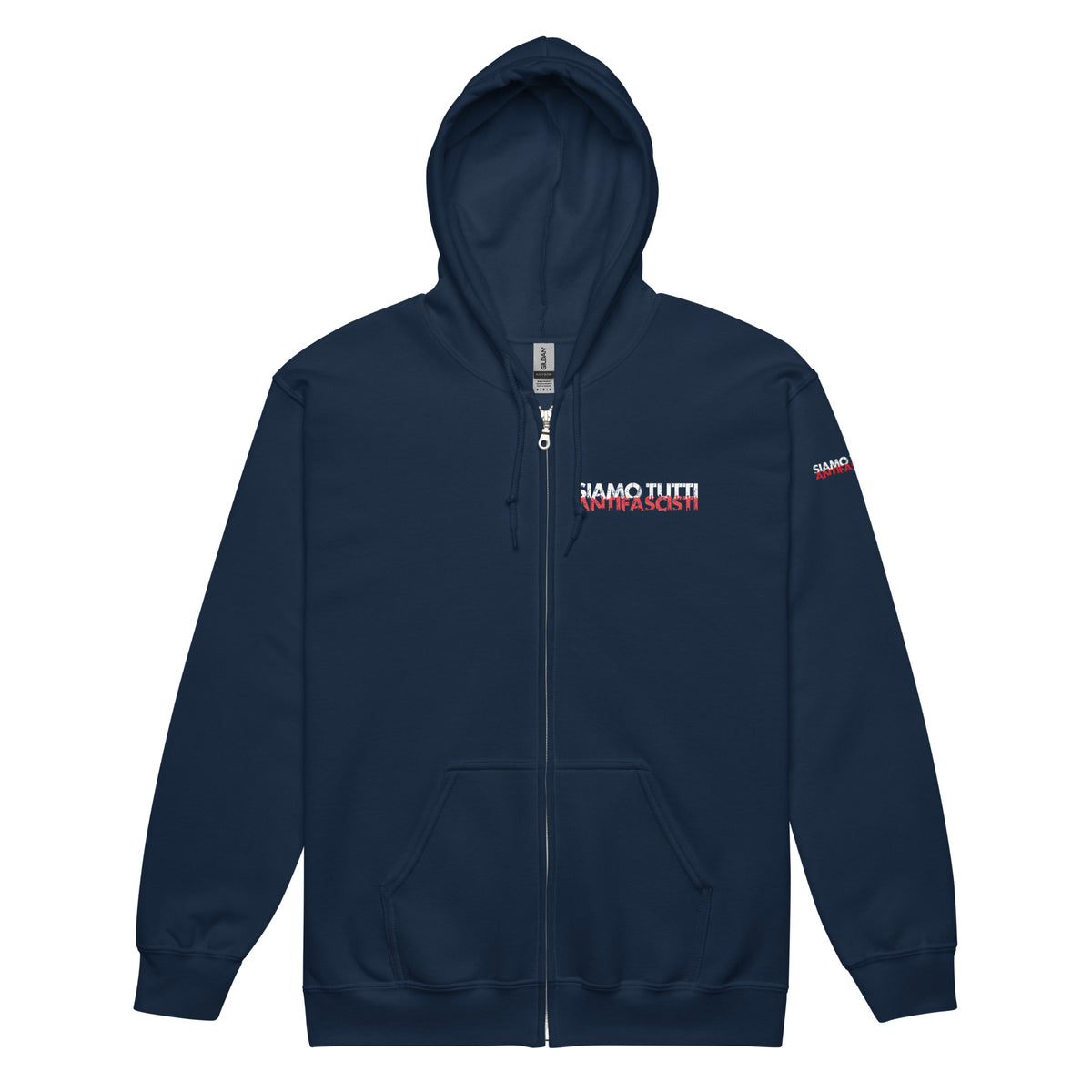 „Marineblauer Zip‑Hoodie mit Kapuze, Fronttasche und Brustprint ‚SIAMO TUTTI ANTIFASCISTI‘ in Weiß und Rot mit verzerrtem Schriftstil, sowie Ärmelprint ‚SIAMO‘ – klares antifaschistisches Statement in kontrastreichem Design.“