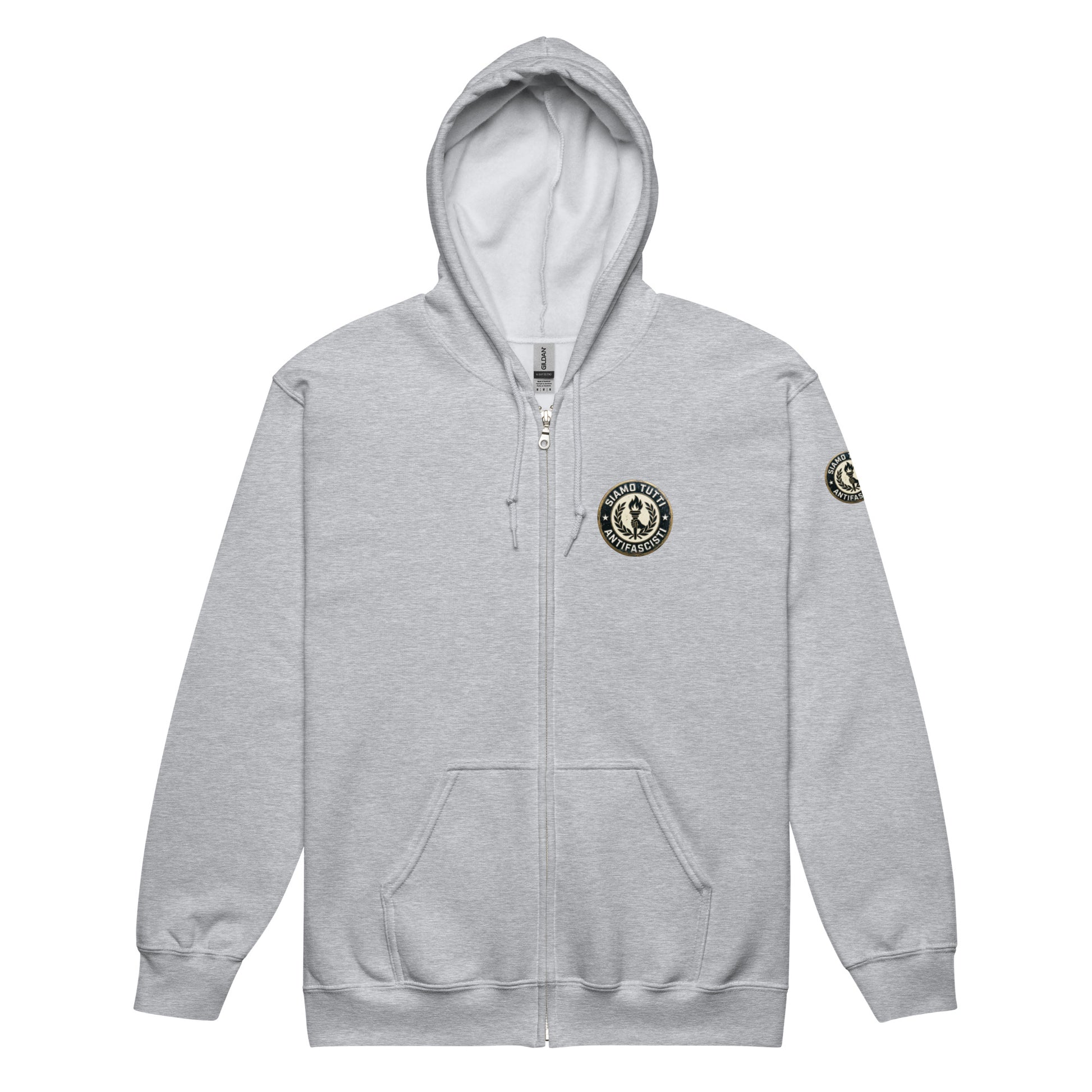 Hellgrauer Heather‑Zip‑Hoodie mit Fackel‑ und Lorbeerkranz‑Emblem und „Siamo Tutti Antifascisti“.